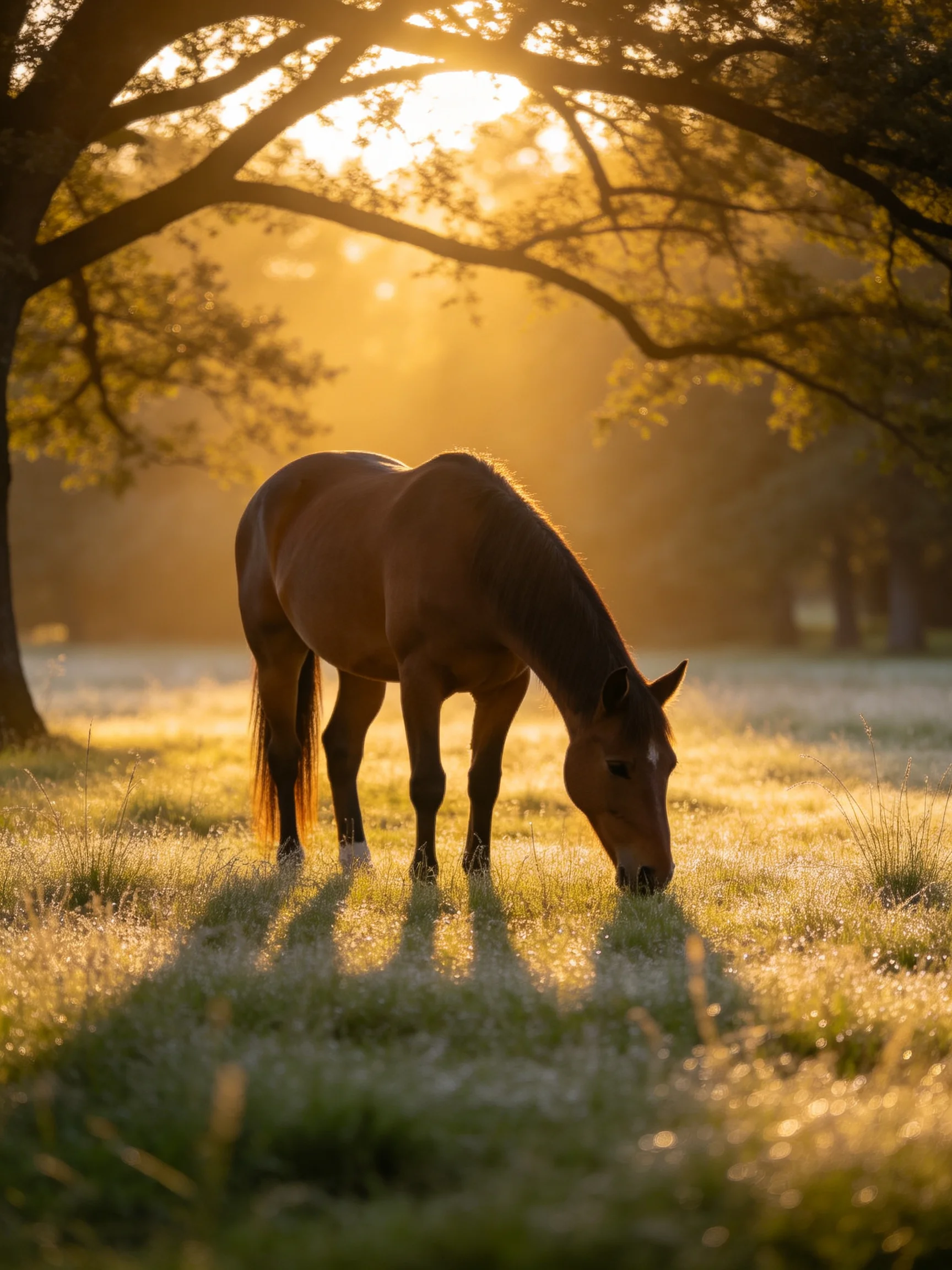 Golden sunlight illuminates a brown horse grazing in a forest meadow.