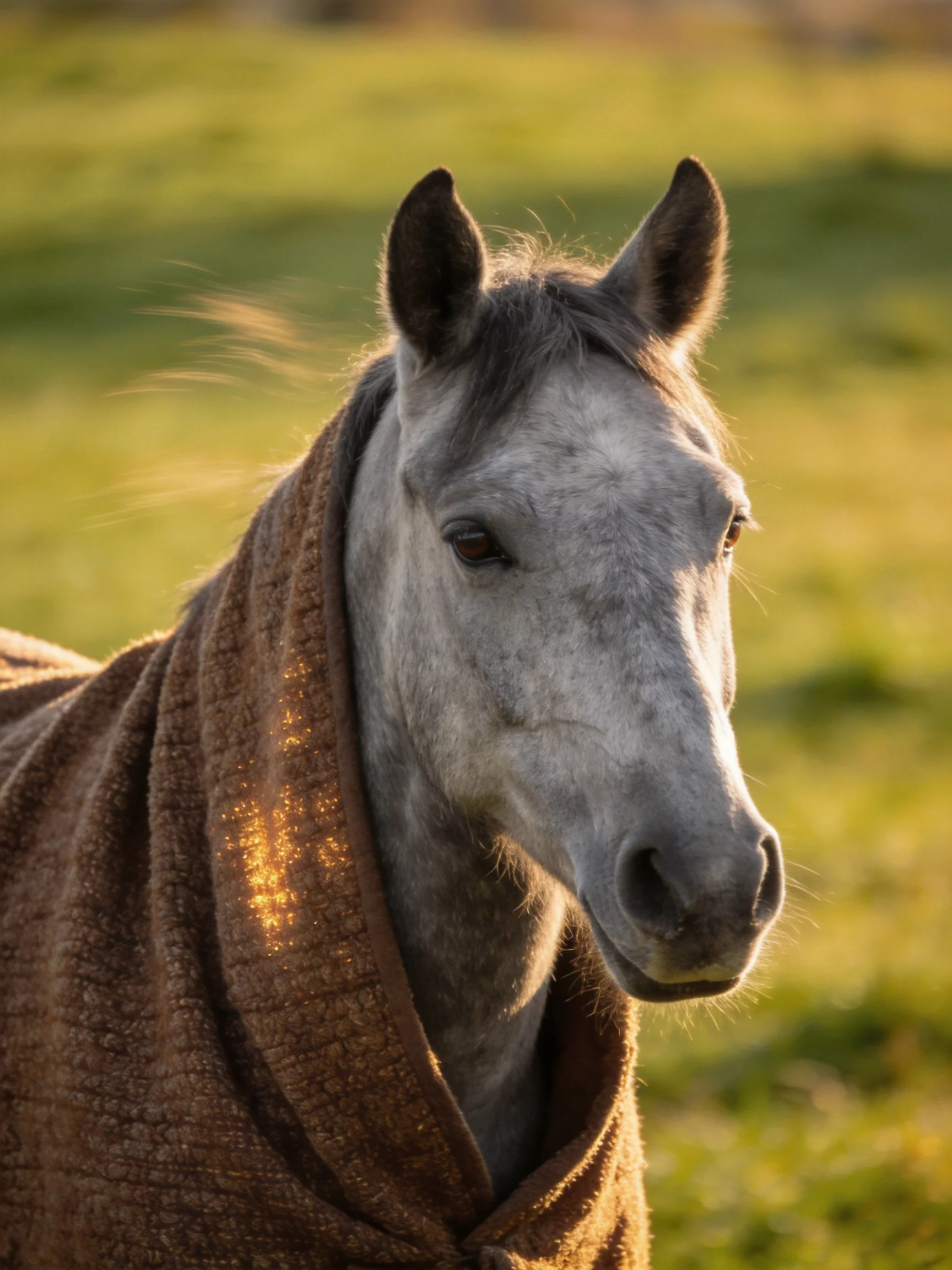 Gray Horse Wrapped in Brown Towel in Sunlit Green Field