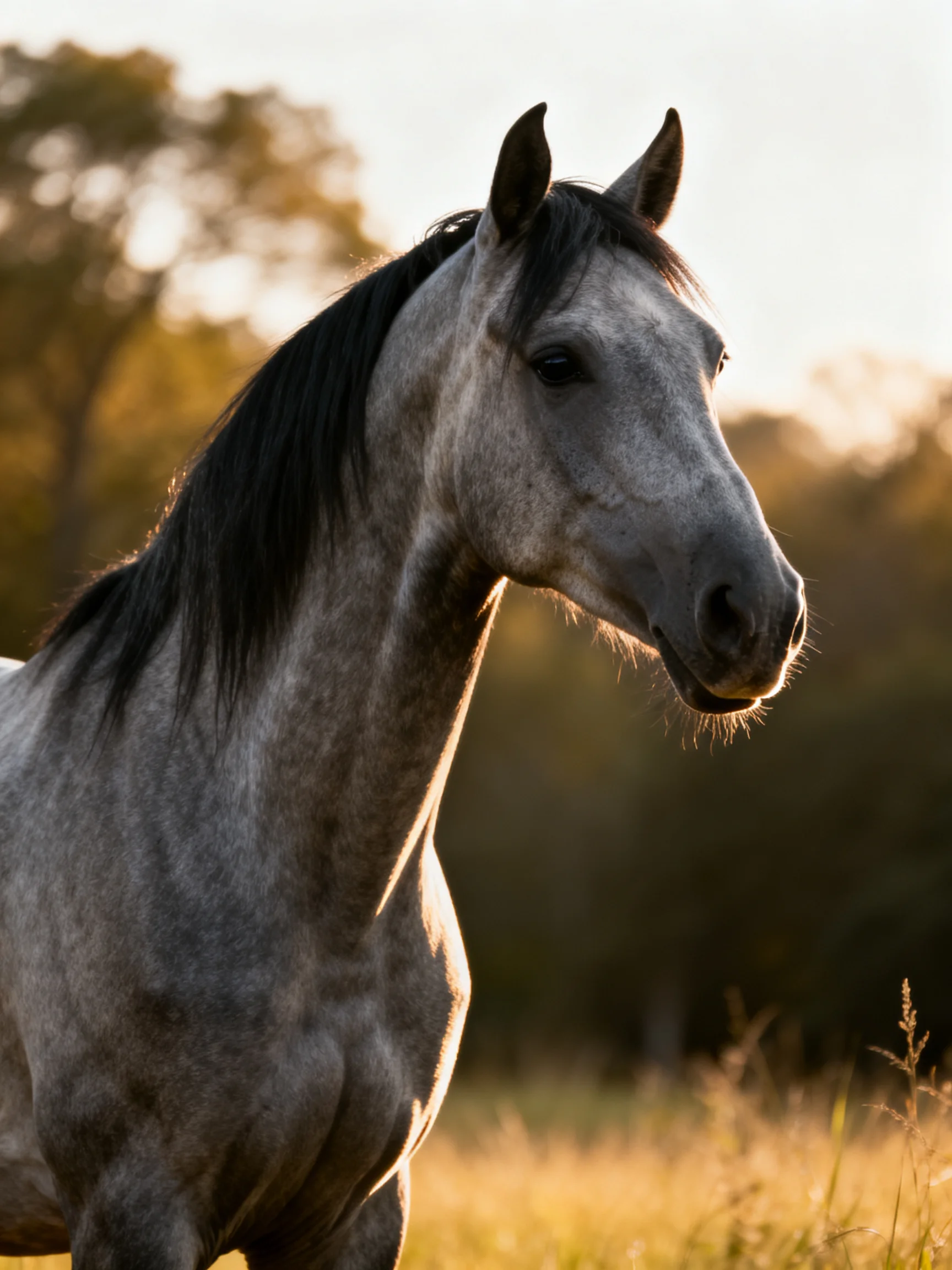 Gray Horse with Dark Mane in Golden Field at Sunset
