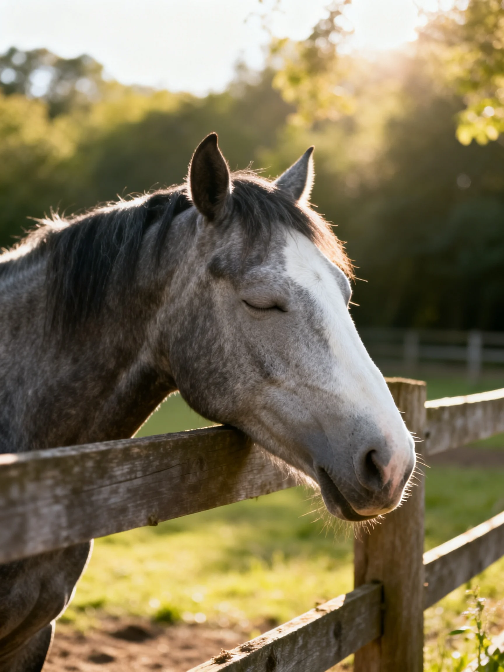 Gray and white horse near weathered wooden fence in golden light