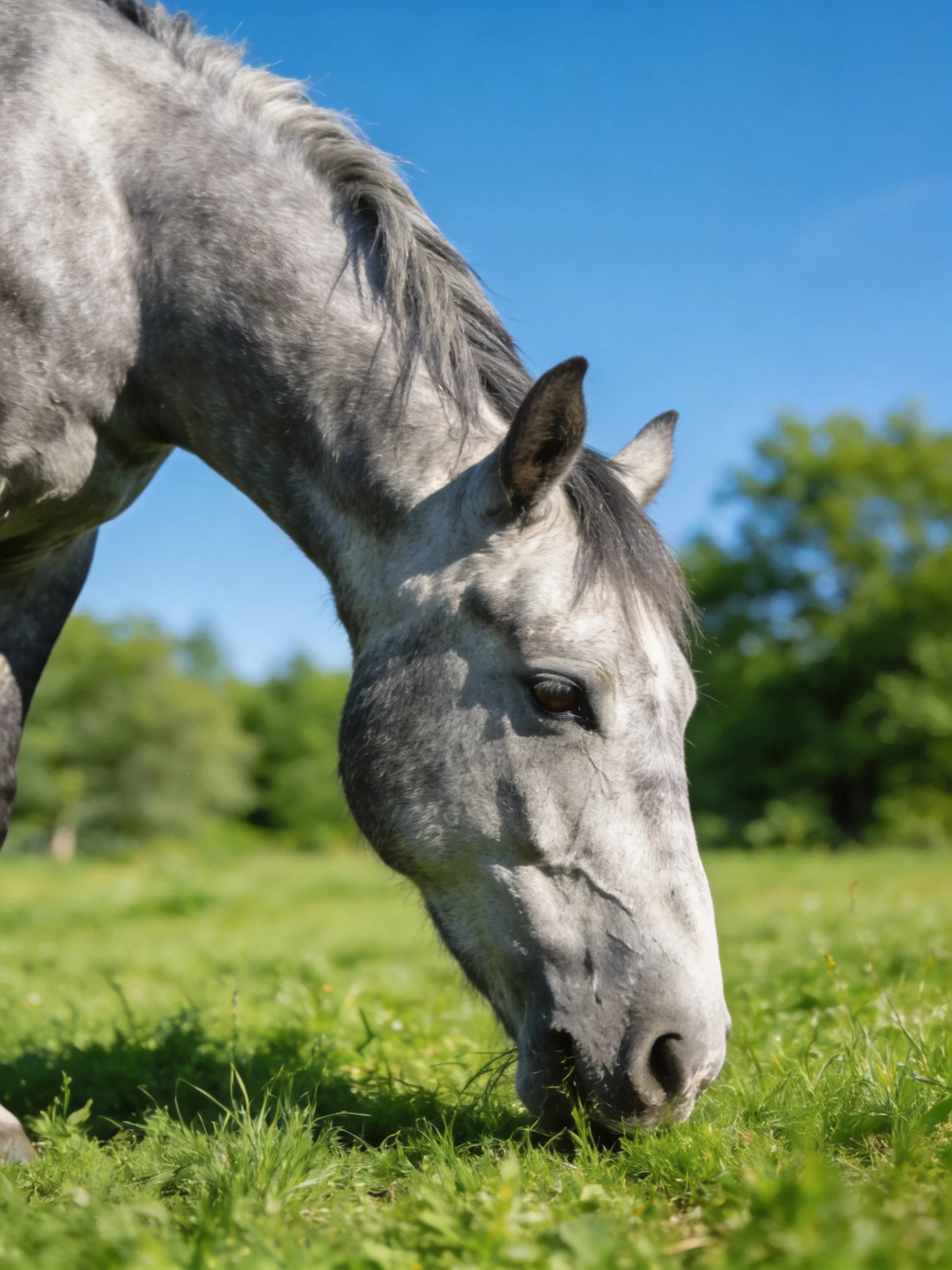 Gray horse grazing in sun-drenched green meadow with blue sky