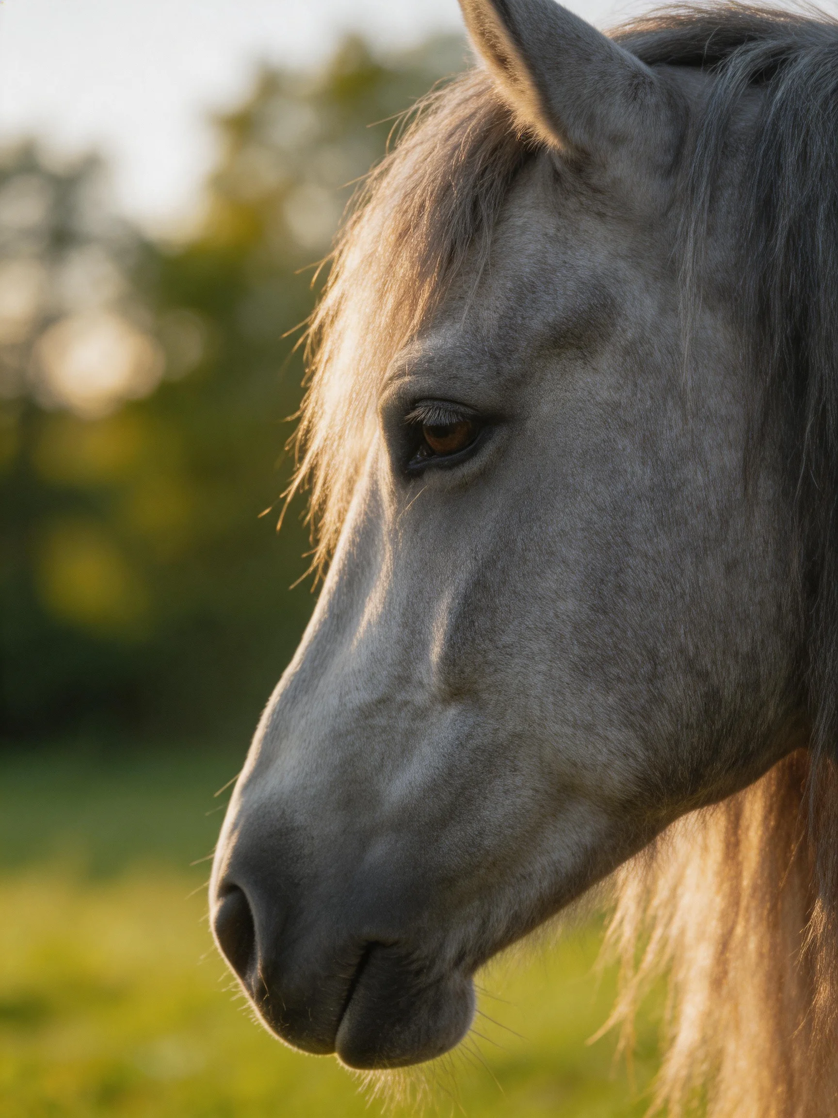 Gray horse profile with golden evening light