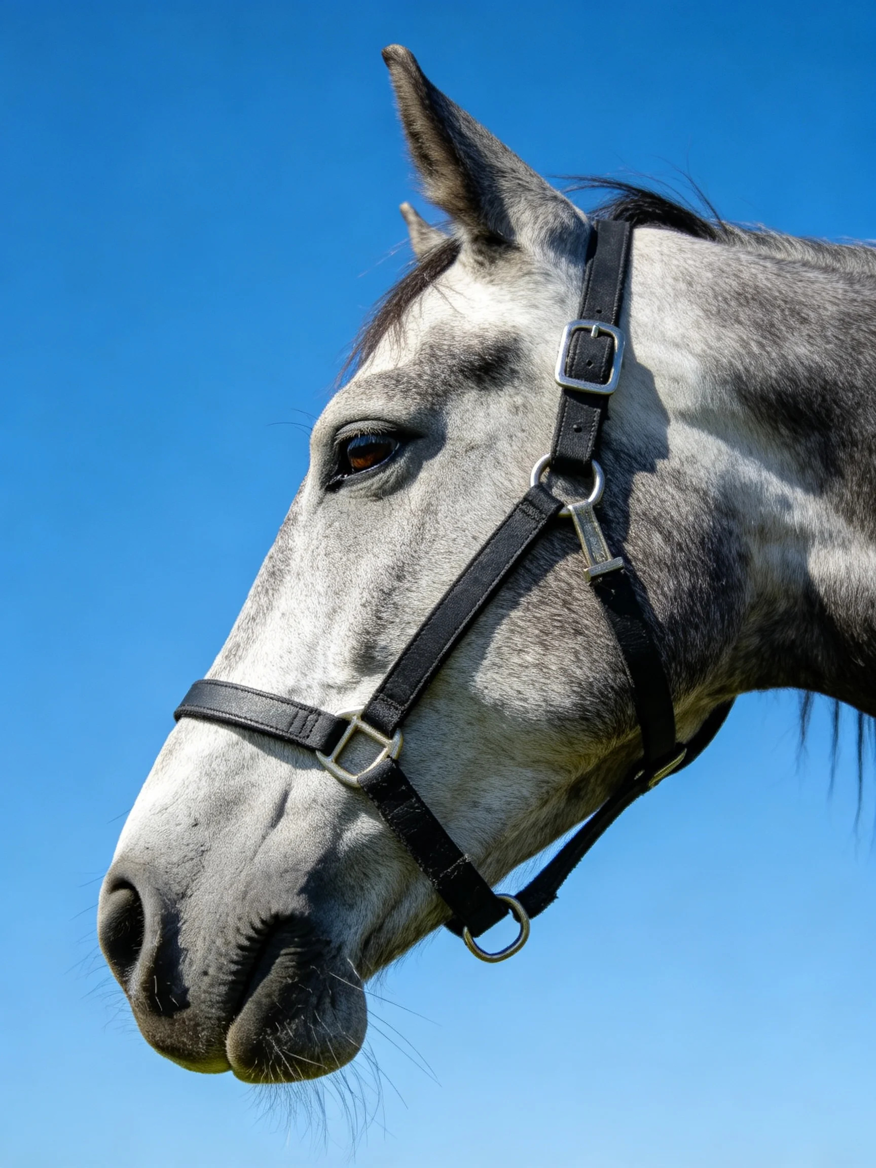 Gray horse with black halter against clear blue sky