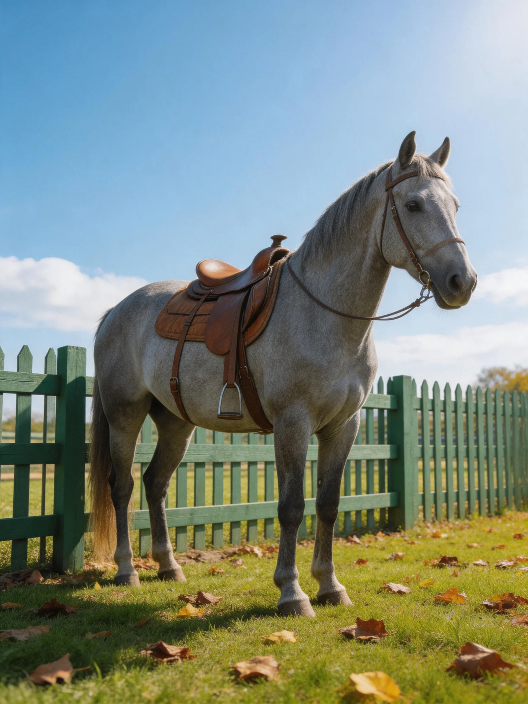 Gray horse with brown saddle near green picket fence under sunny sky
