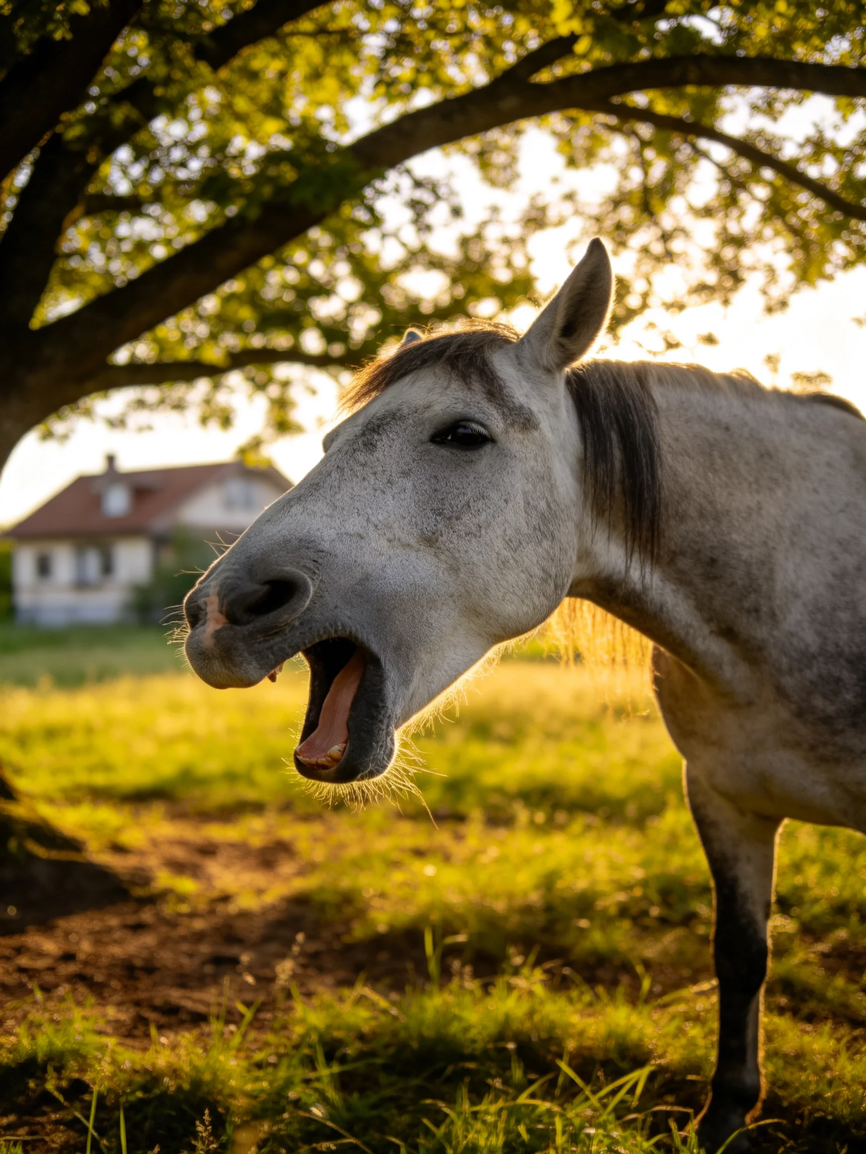 Gray horse yawning near large tree with golden sunlight
