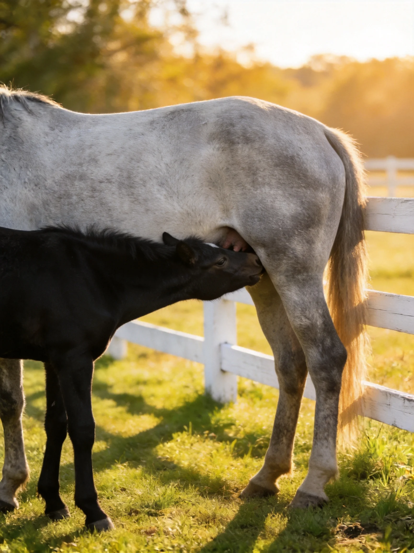 Gray mare nursing black foal near white fence under golden light