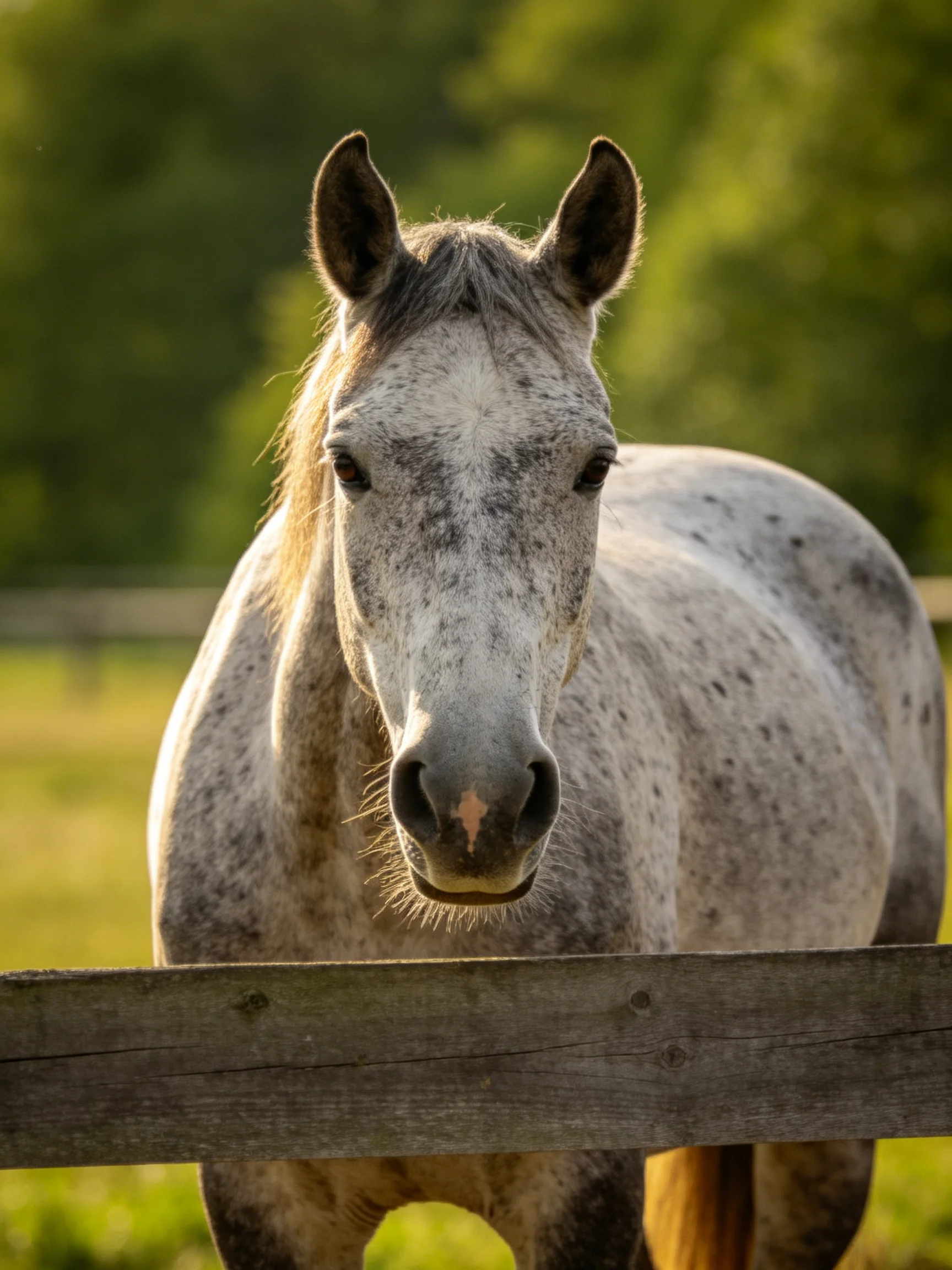 Gray speckled horse behind weathered wooden fence in sunlit field