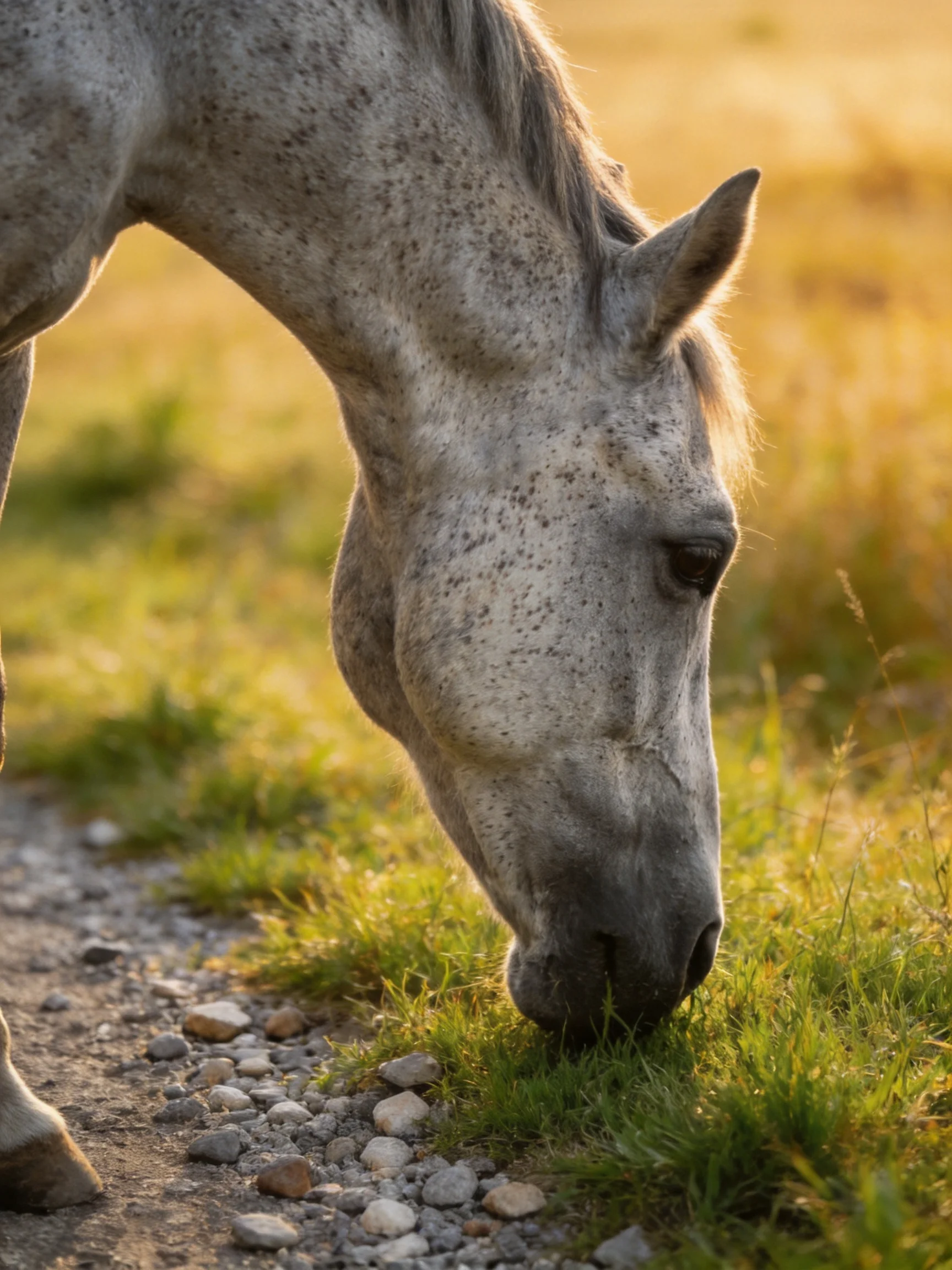 Gray speckled horse grazing by gravel path under golden sunlight