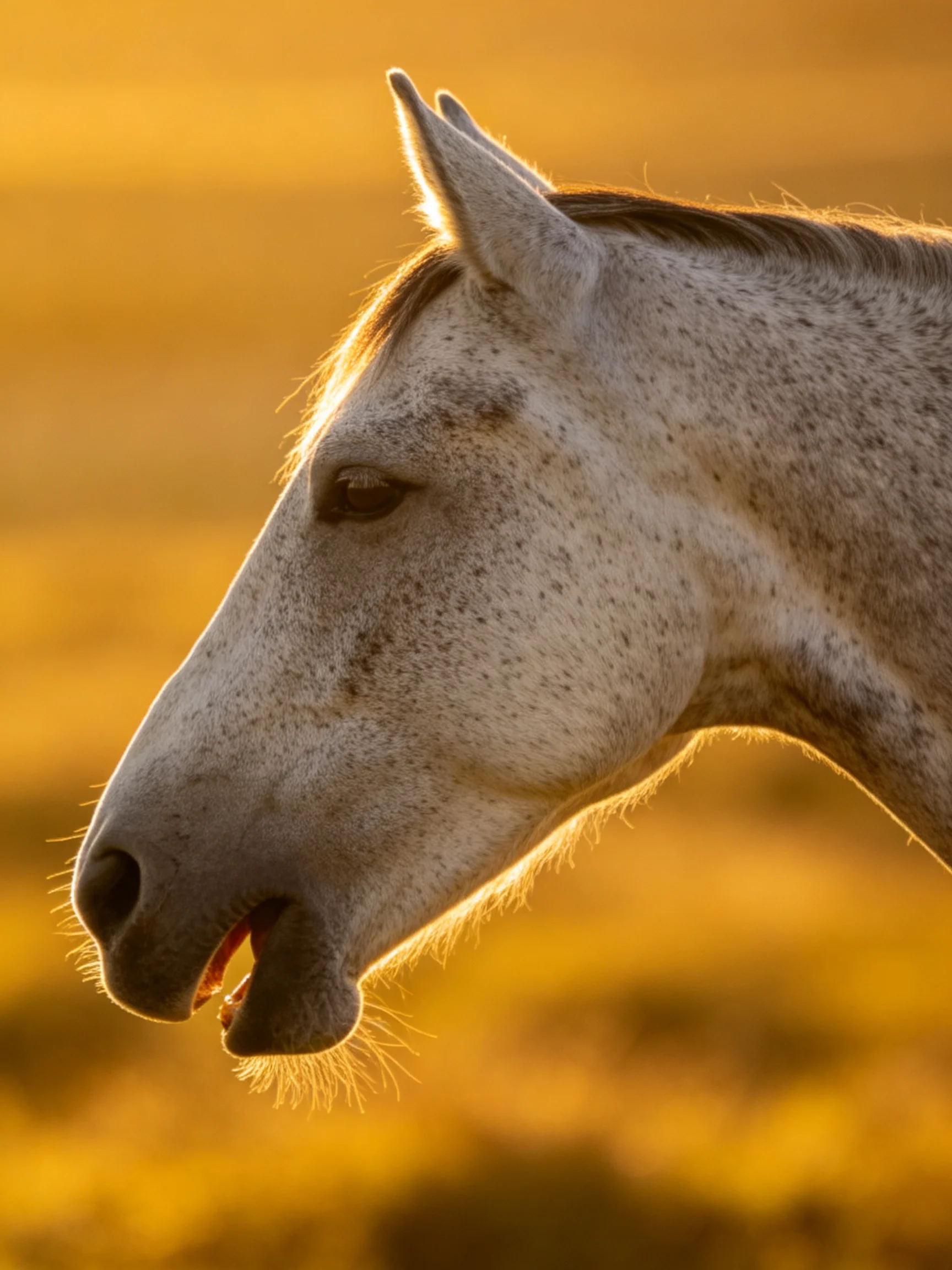 Gray speckled horse profiled in golden sunset landscape