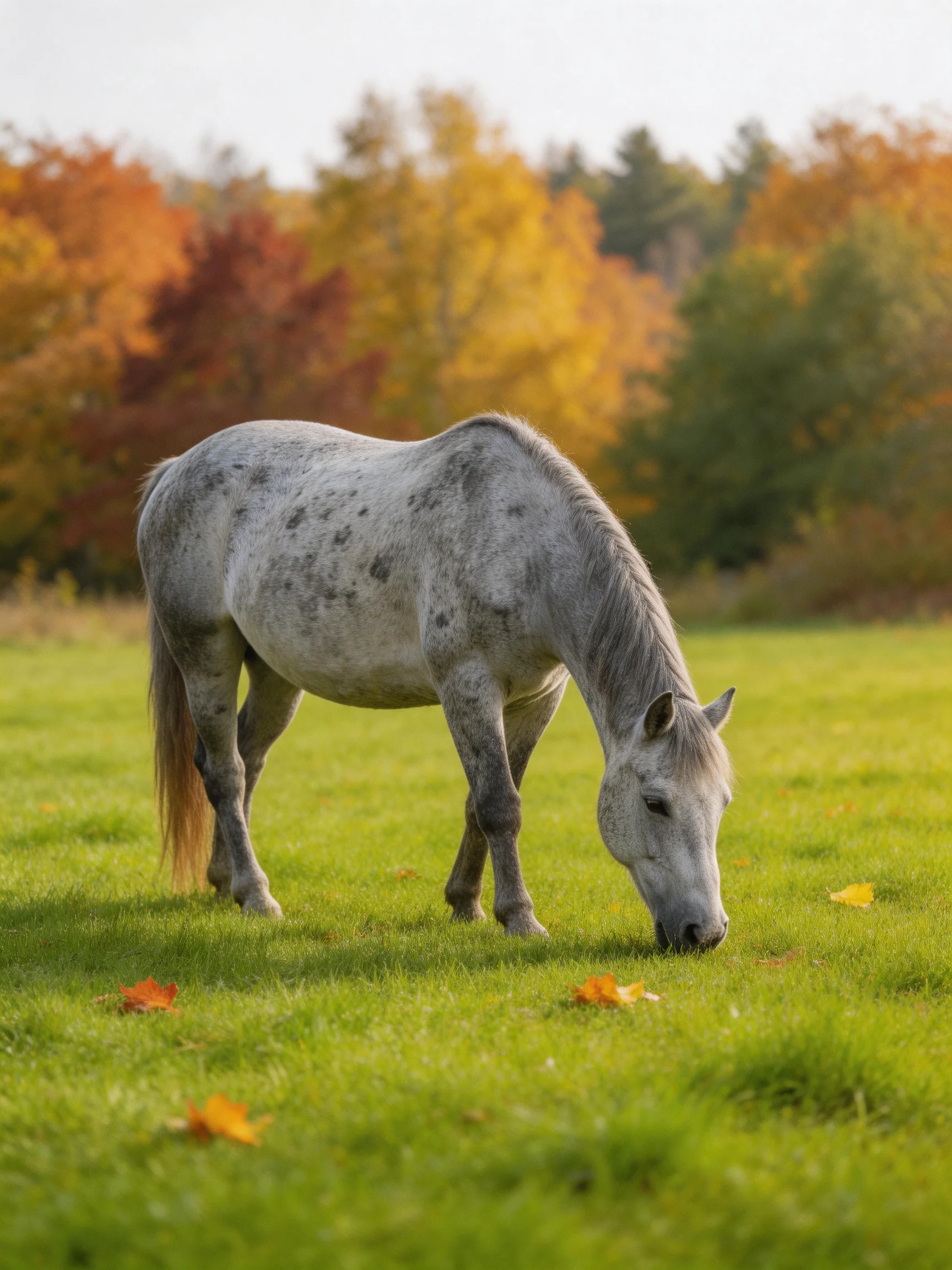 Gray spotted horse grazing in a verdant meadow with colorful fall trees