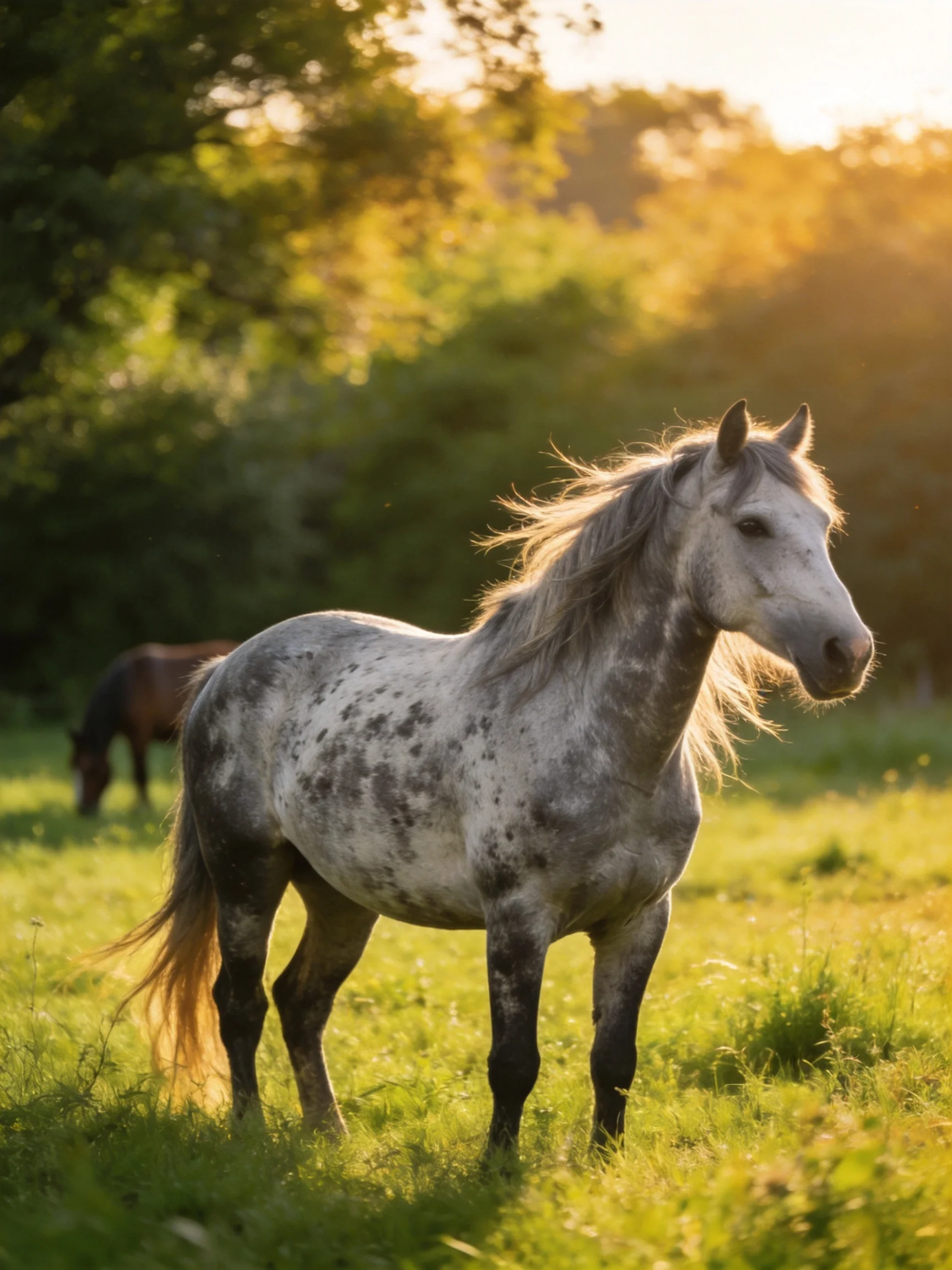 Gray-spotted horse in sunlit meadow with brown companion