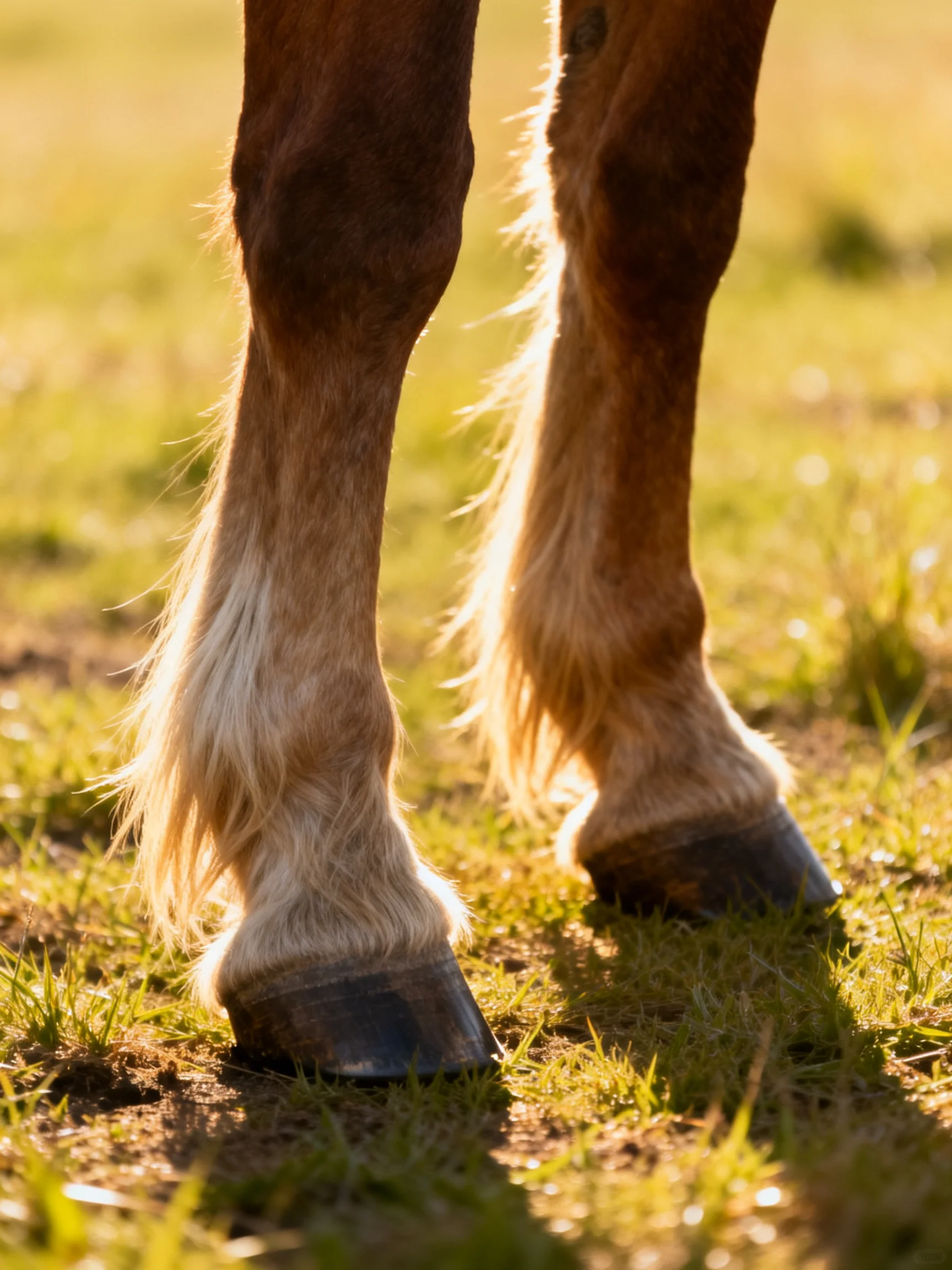 Horse hooves with light - colored lower legs on sunlit grass