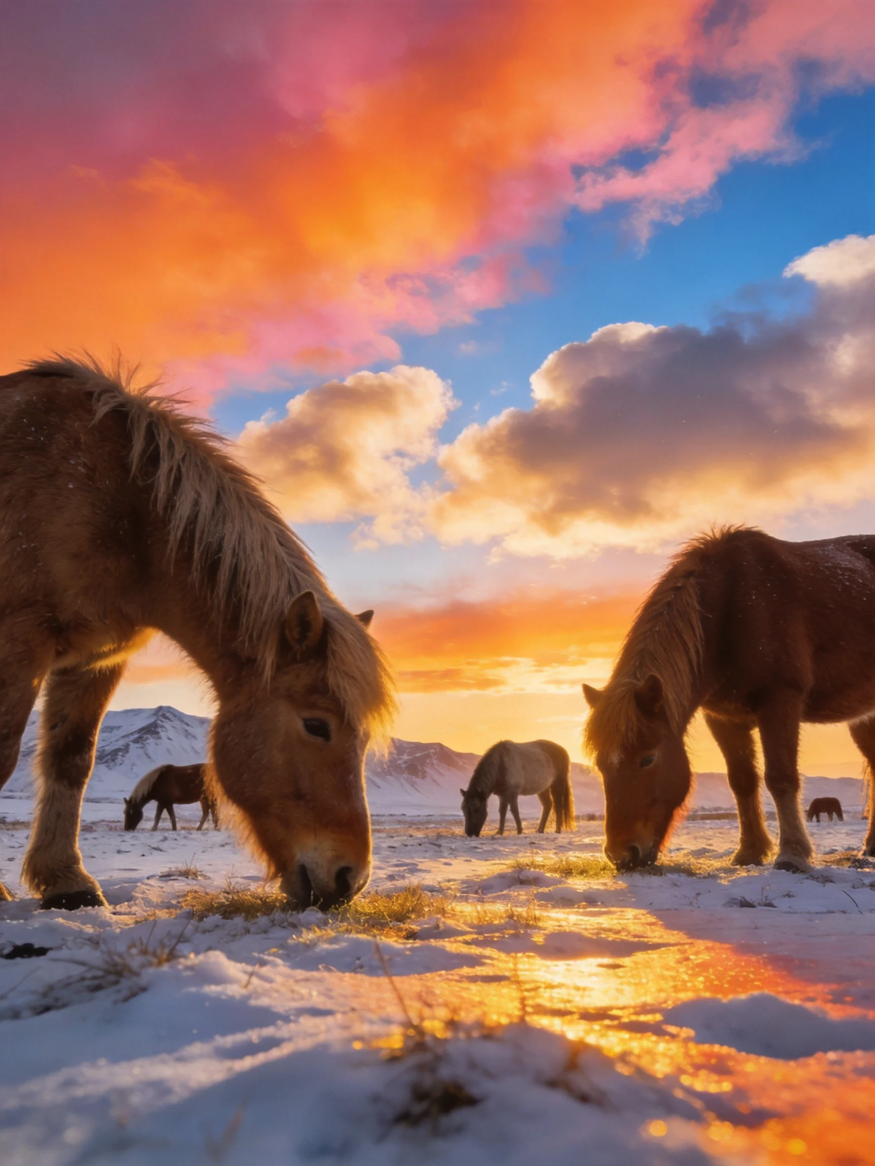 Horses graze in a snowy field under a vibrant sunset sky