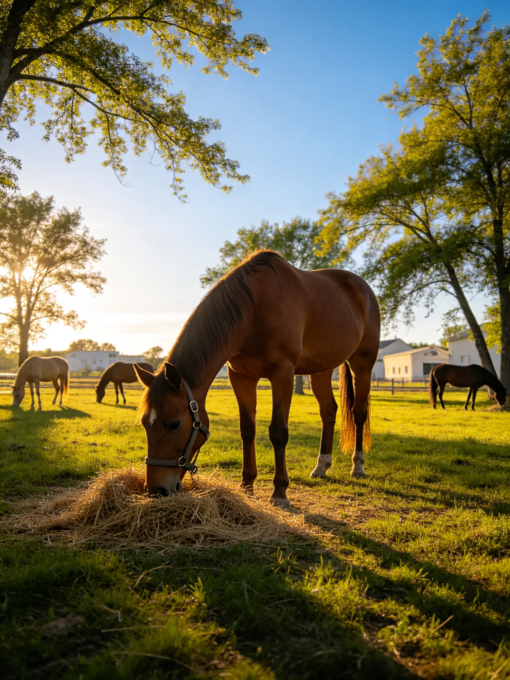 Horses graze in a sunlit farm pasture with hay and trees.