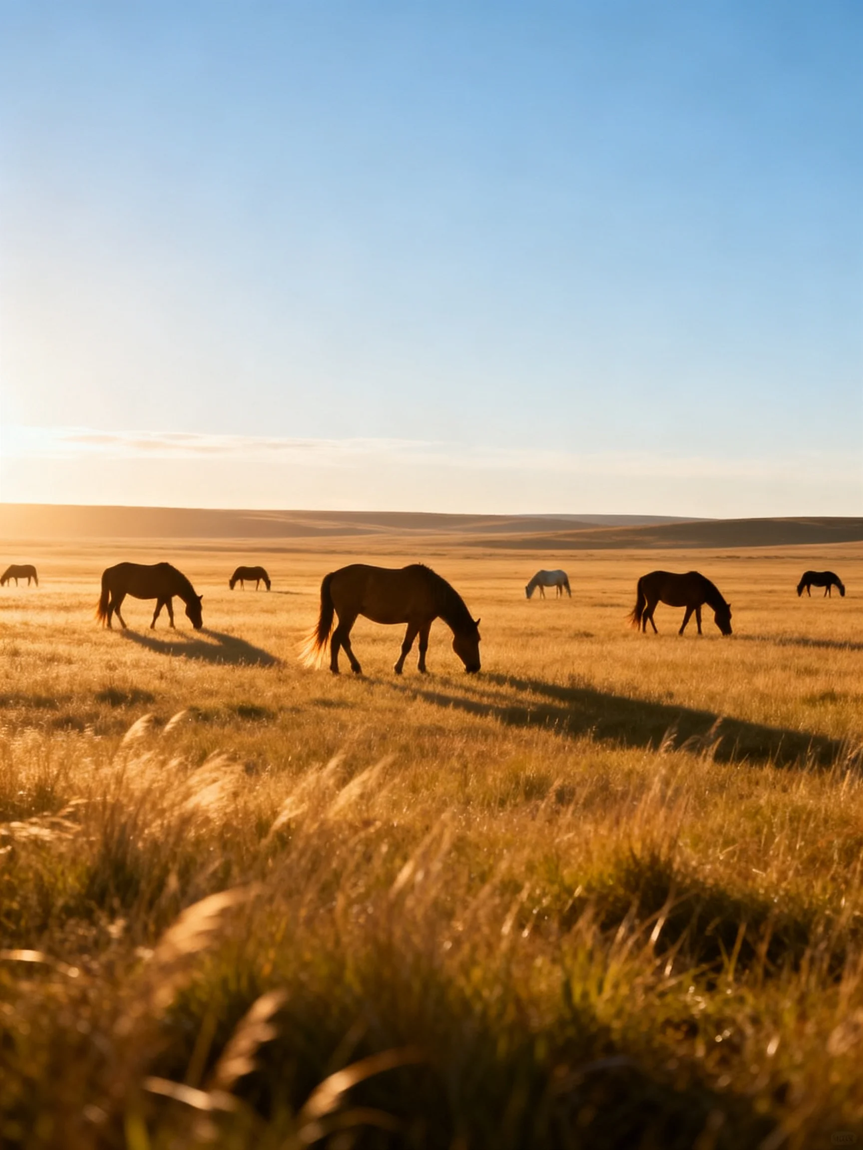 Horses graze in a vast golden meadow under a clear blue sky