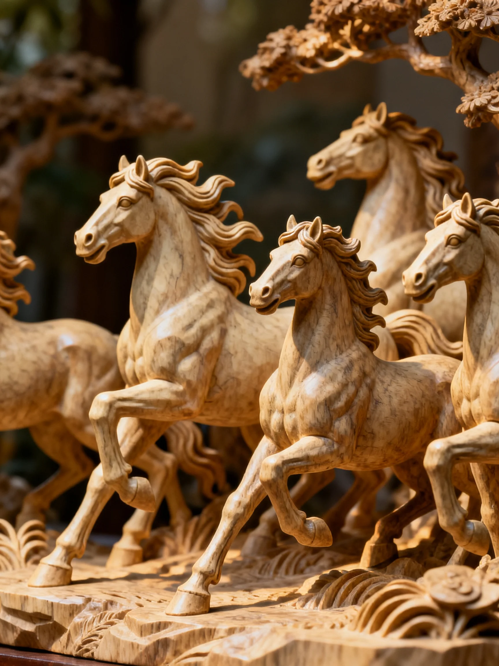 Intricate Wooden Horse Sculptures of Multiple Horses with Bonsai Details
