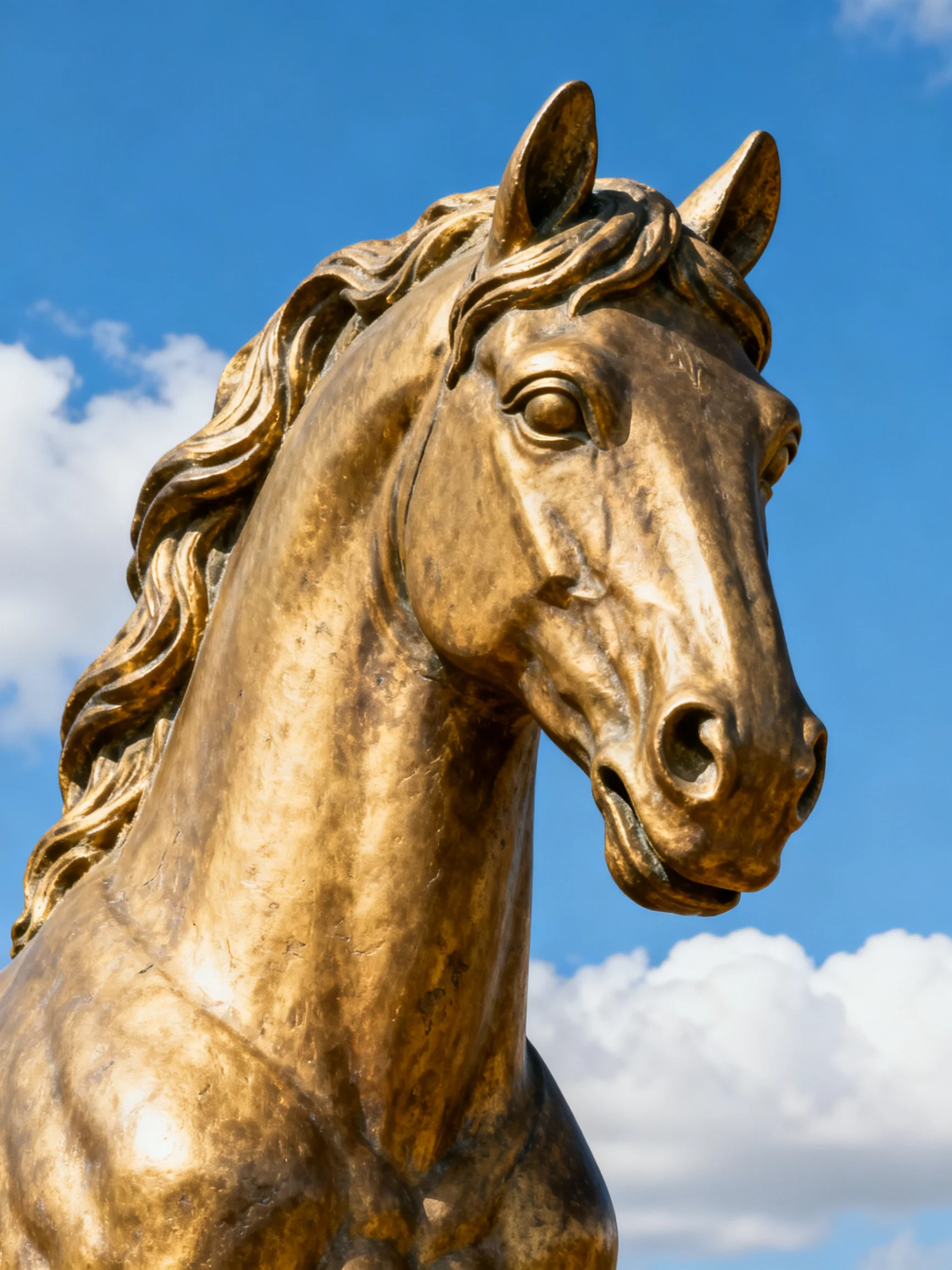 Large golden horse statue with flowing mane under bright blue sky