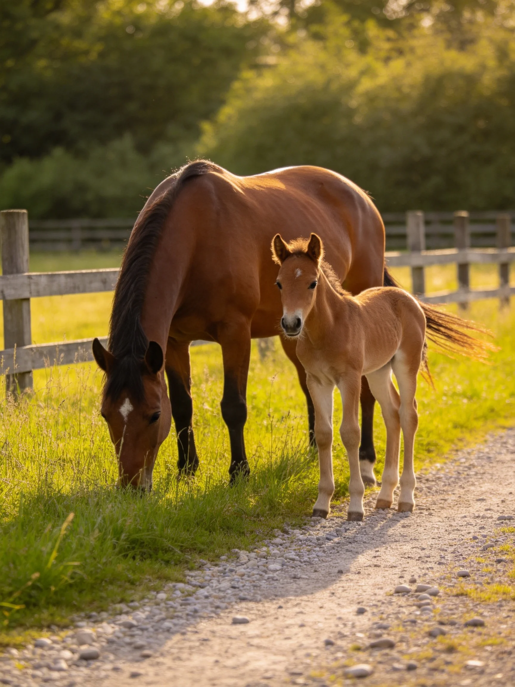 Mother brown horse and foal near a wooden fence by a gravel path