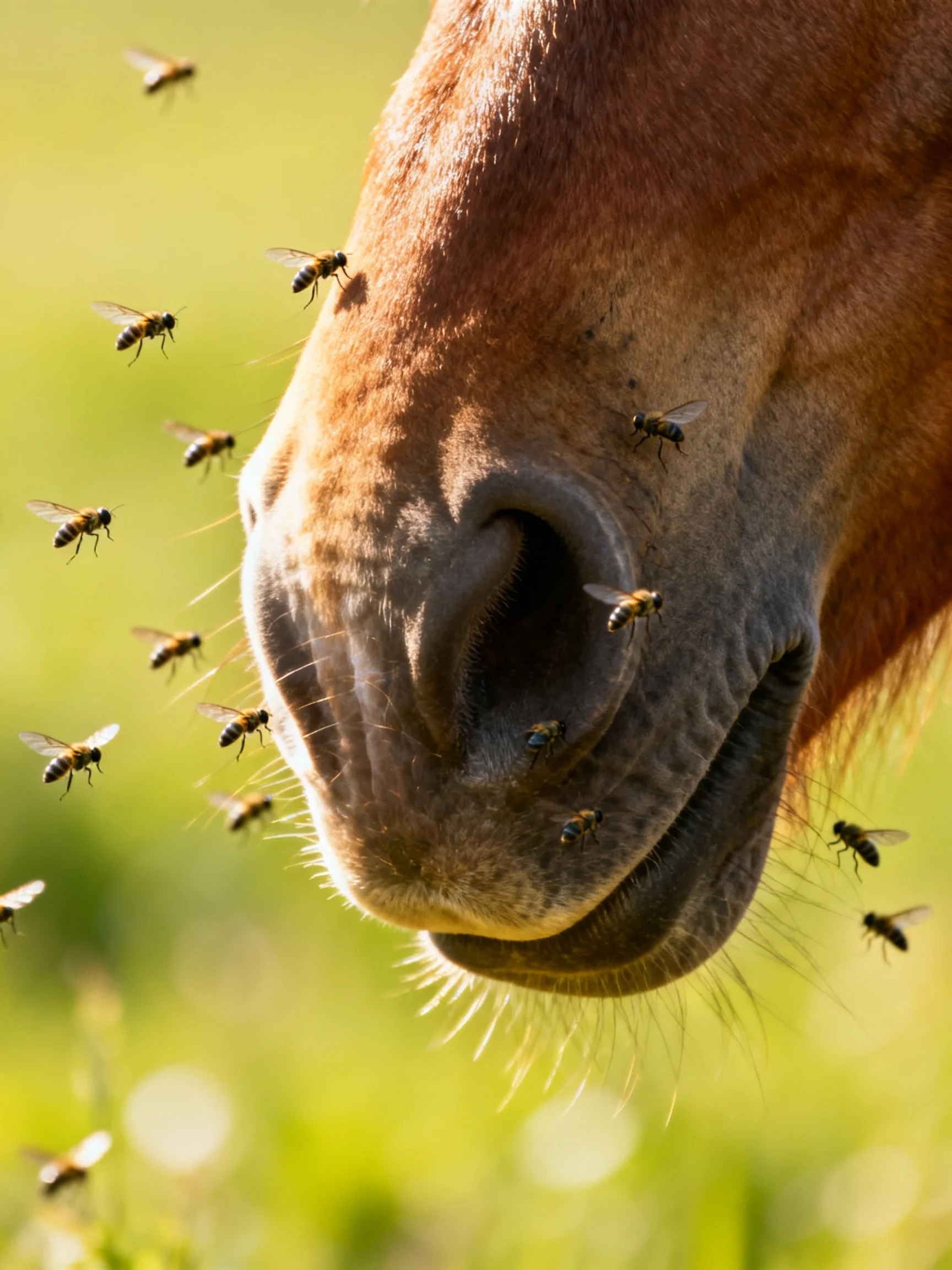 Multiple flies swarm around a brown horse’s nose in a sunlit meadow