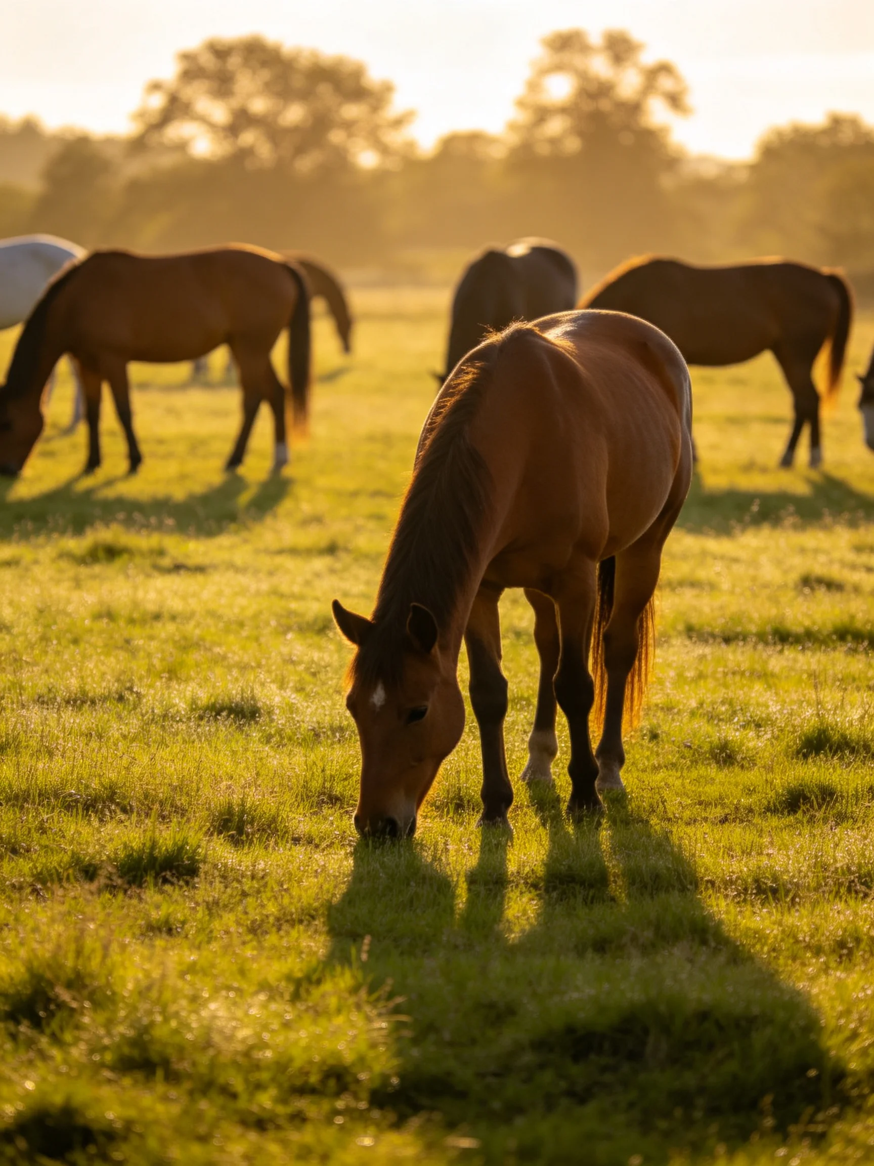 Multiple horses graze in a golden-lit open field