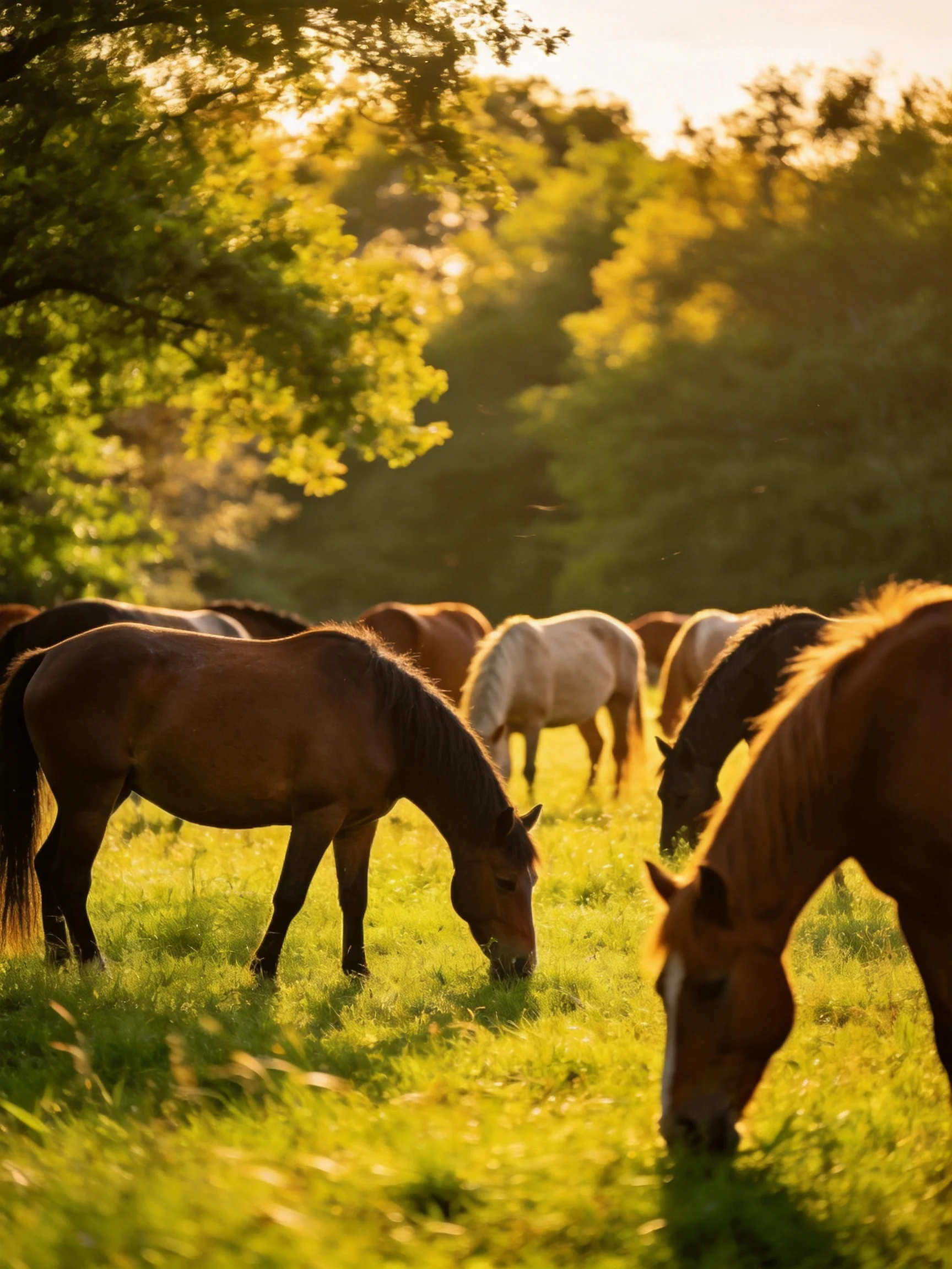 Horses graze in a sunlit green meadow with trees in the background.