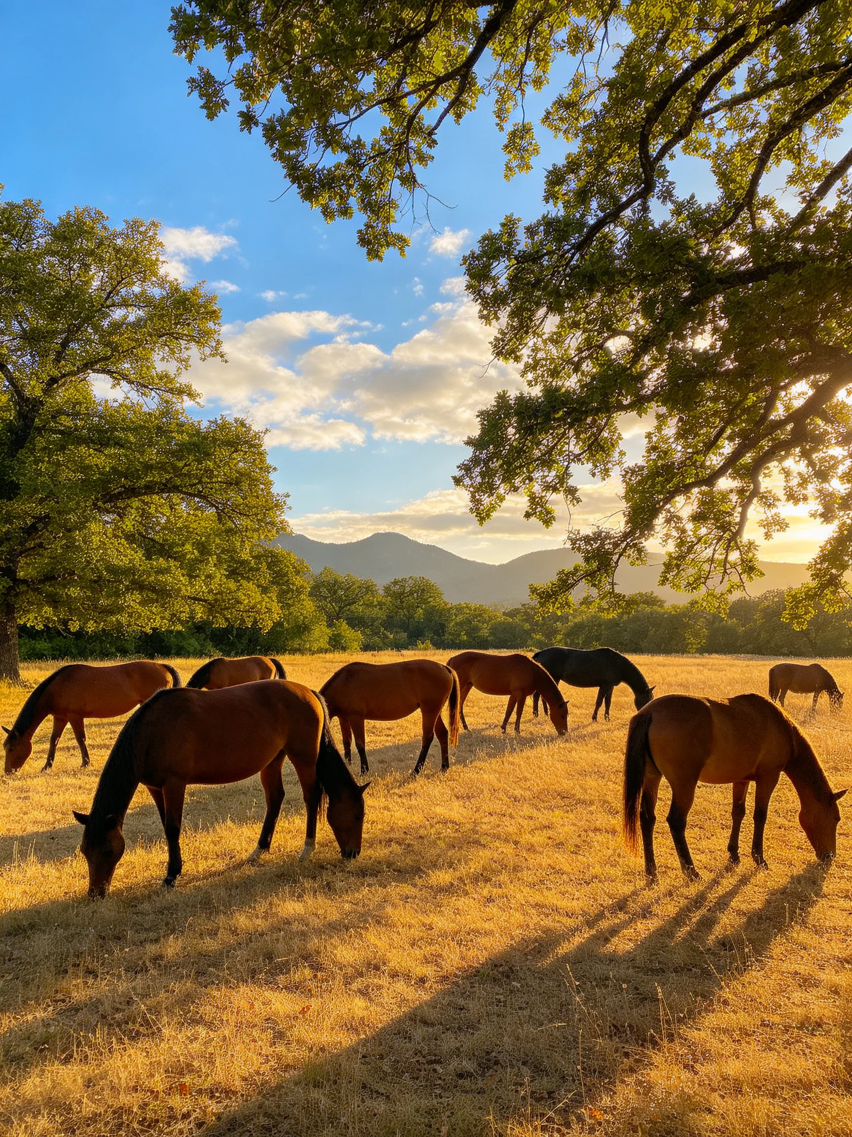 Nine brown horses graze in a golden field beneath green oaks
