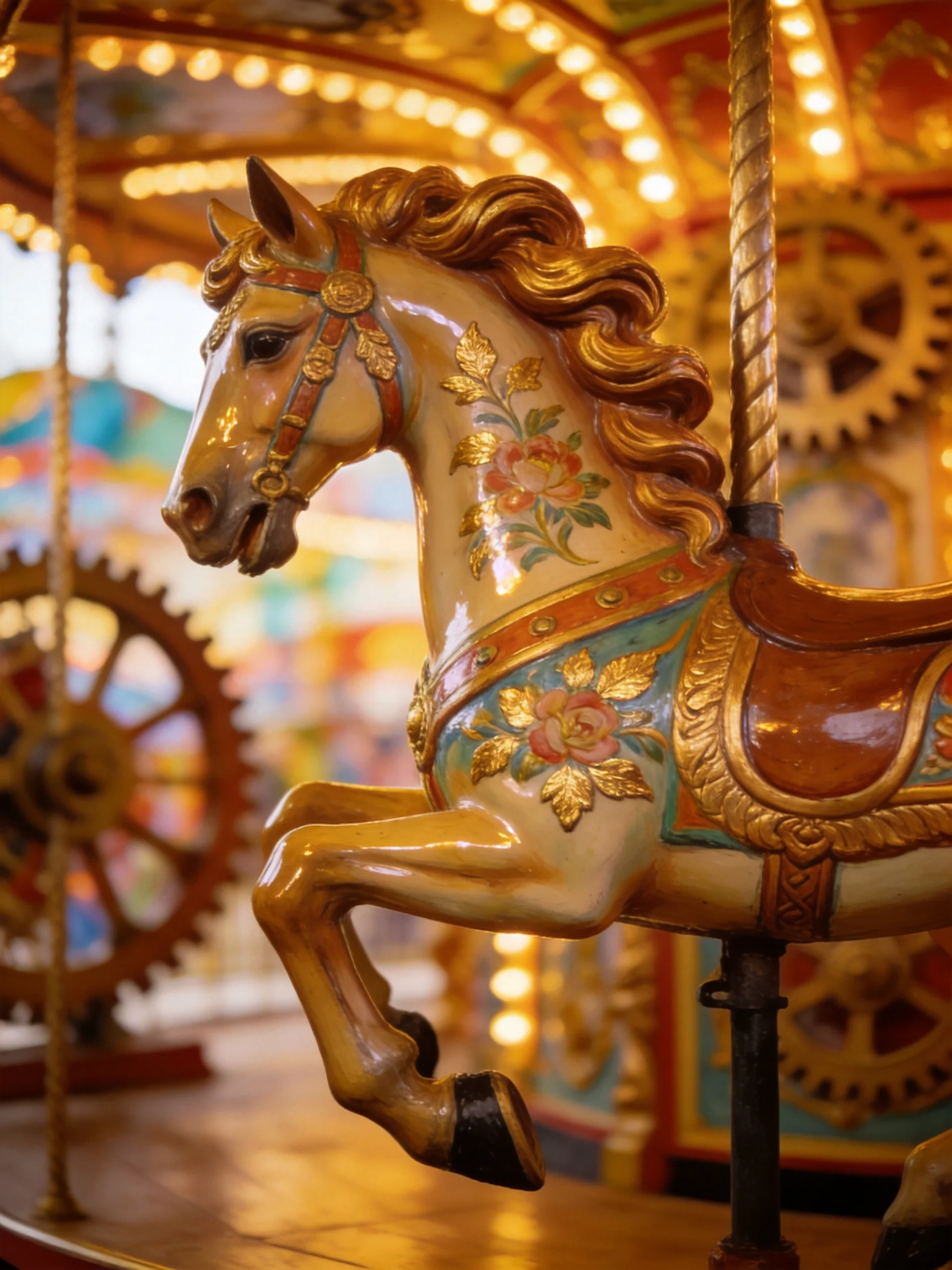 Ornate Carousel Horse with Golden Accents and Floral Details