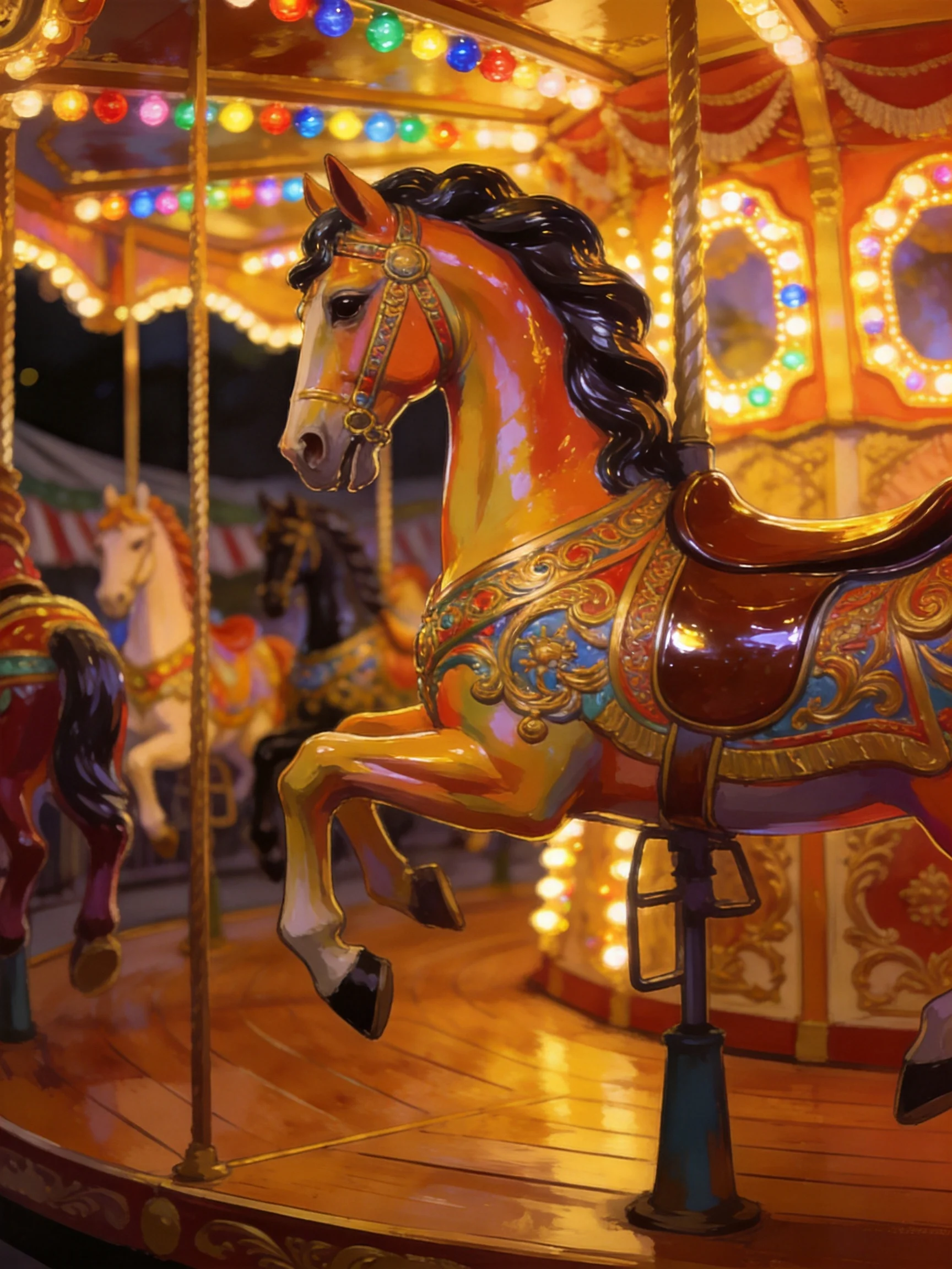 Ornate carousel with colorful decorated horses and glowing lights