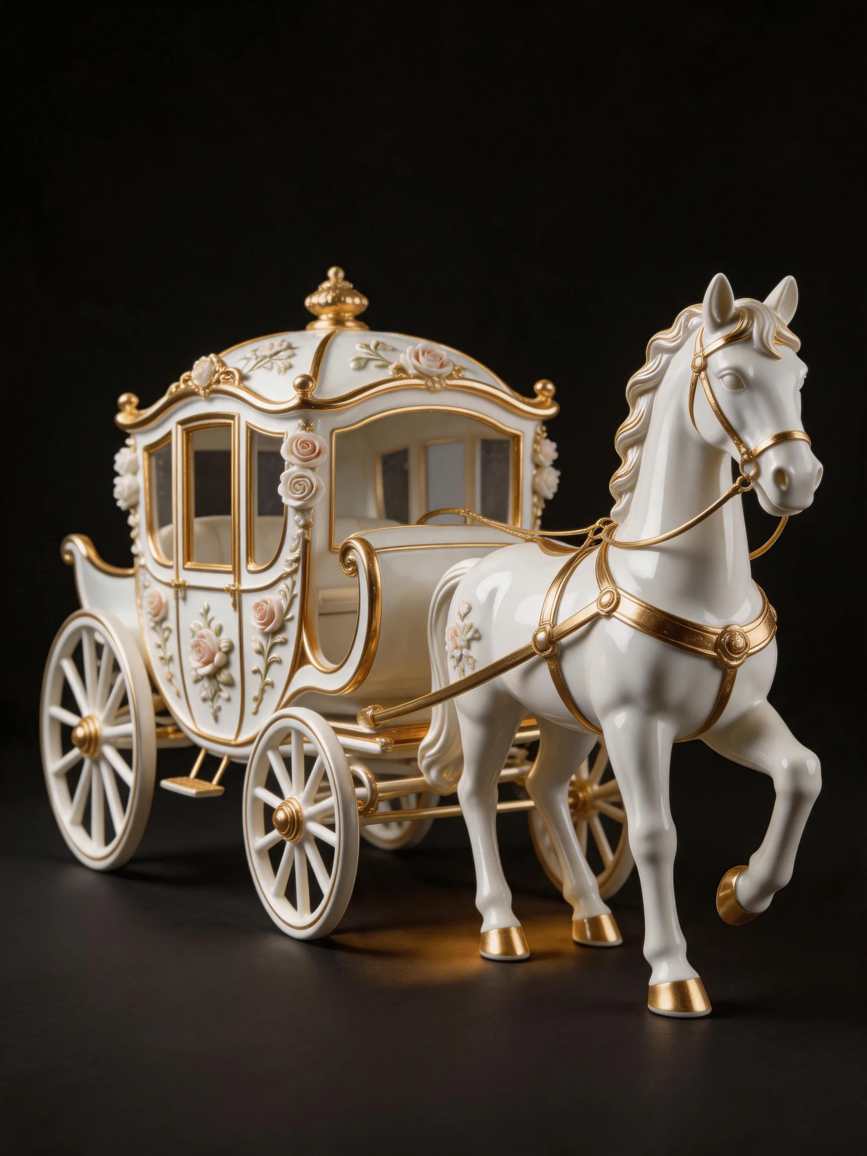 Ornate white and gold carriage with glossy horse figurine