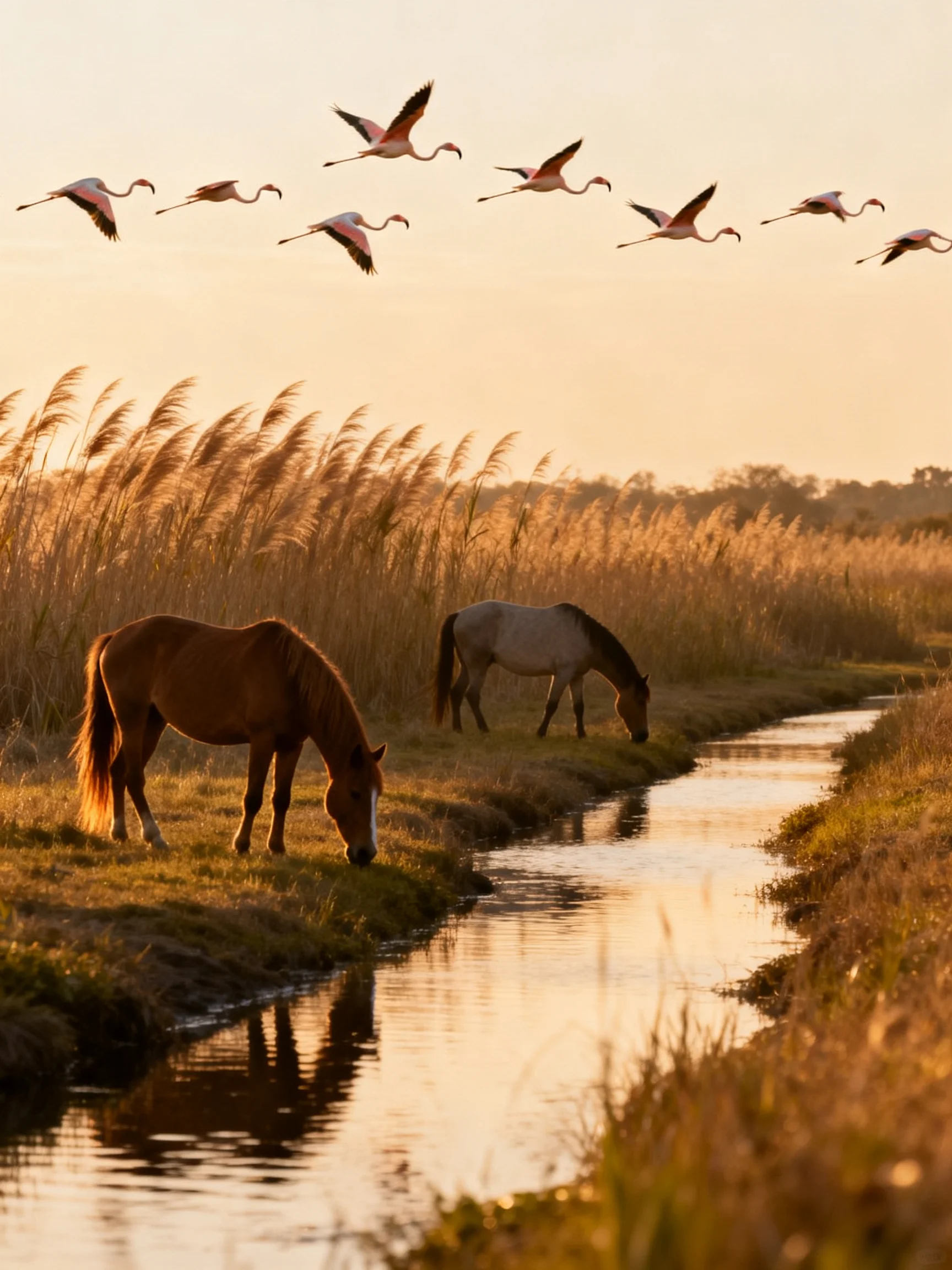 Pink flamingos fly above two horses drinking by a golden stream