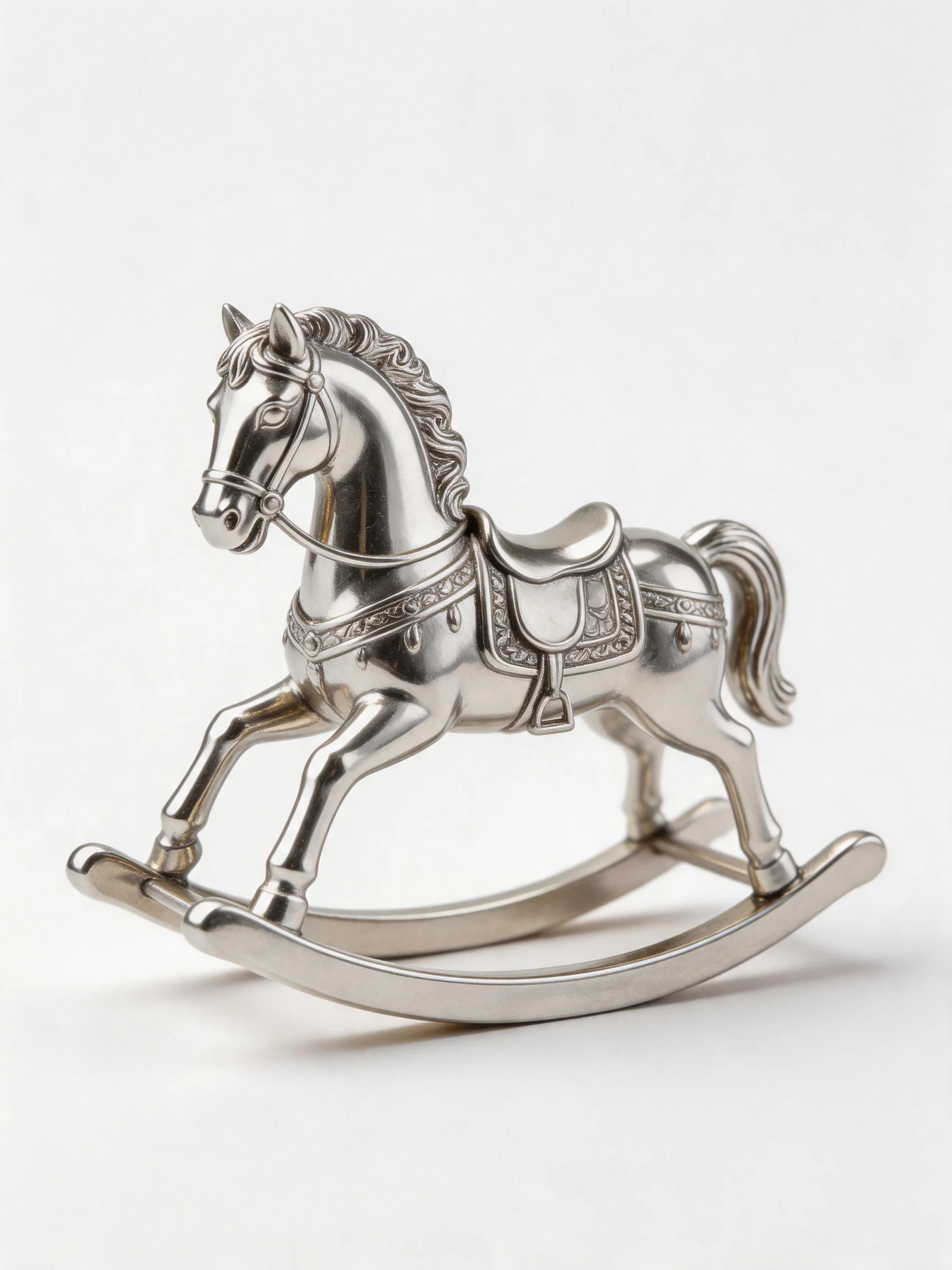 Polished silver rocking horse figurine with ornate saddle