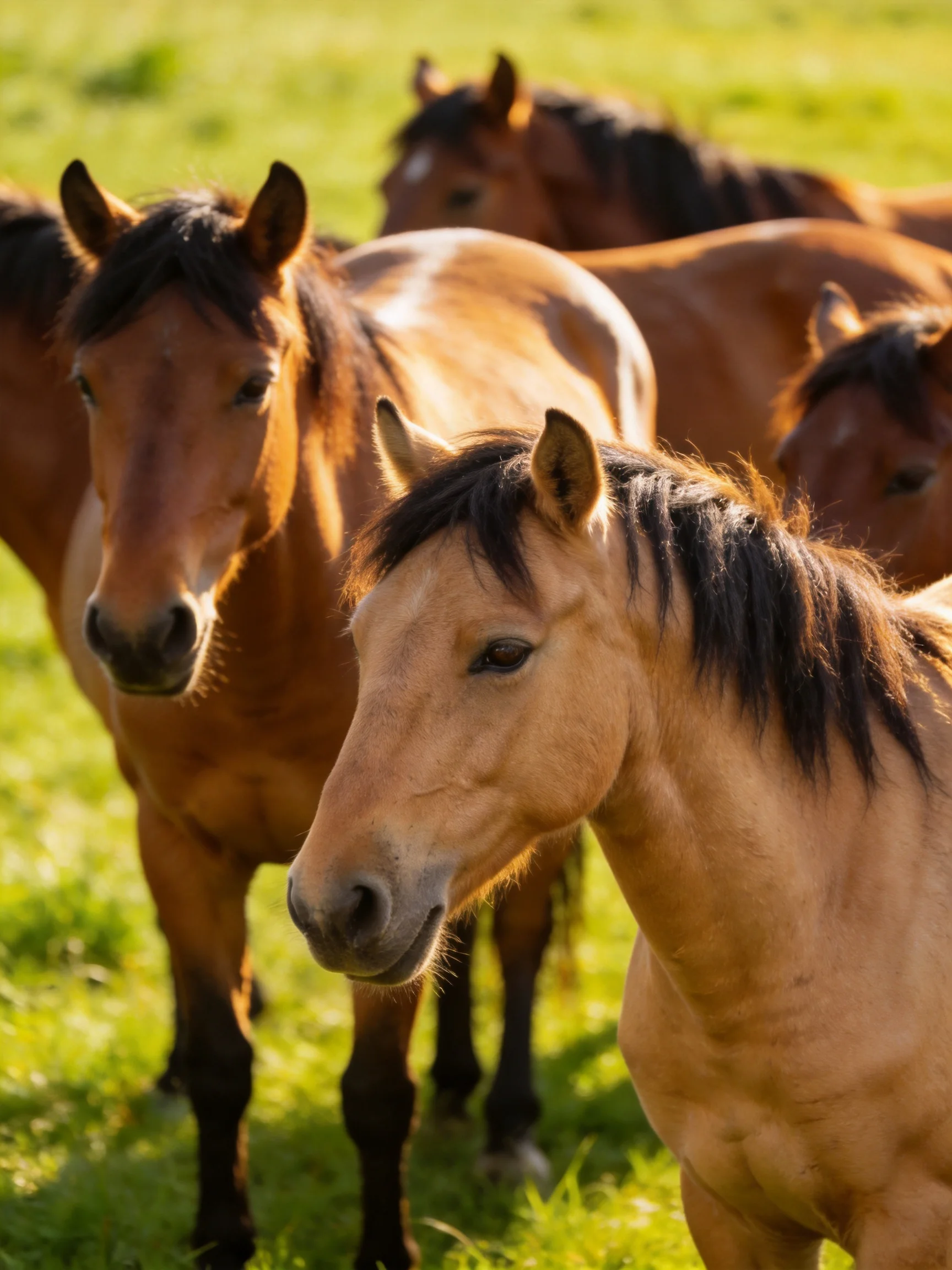 Several brown and tan horses gather in a sunlit green pasture