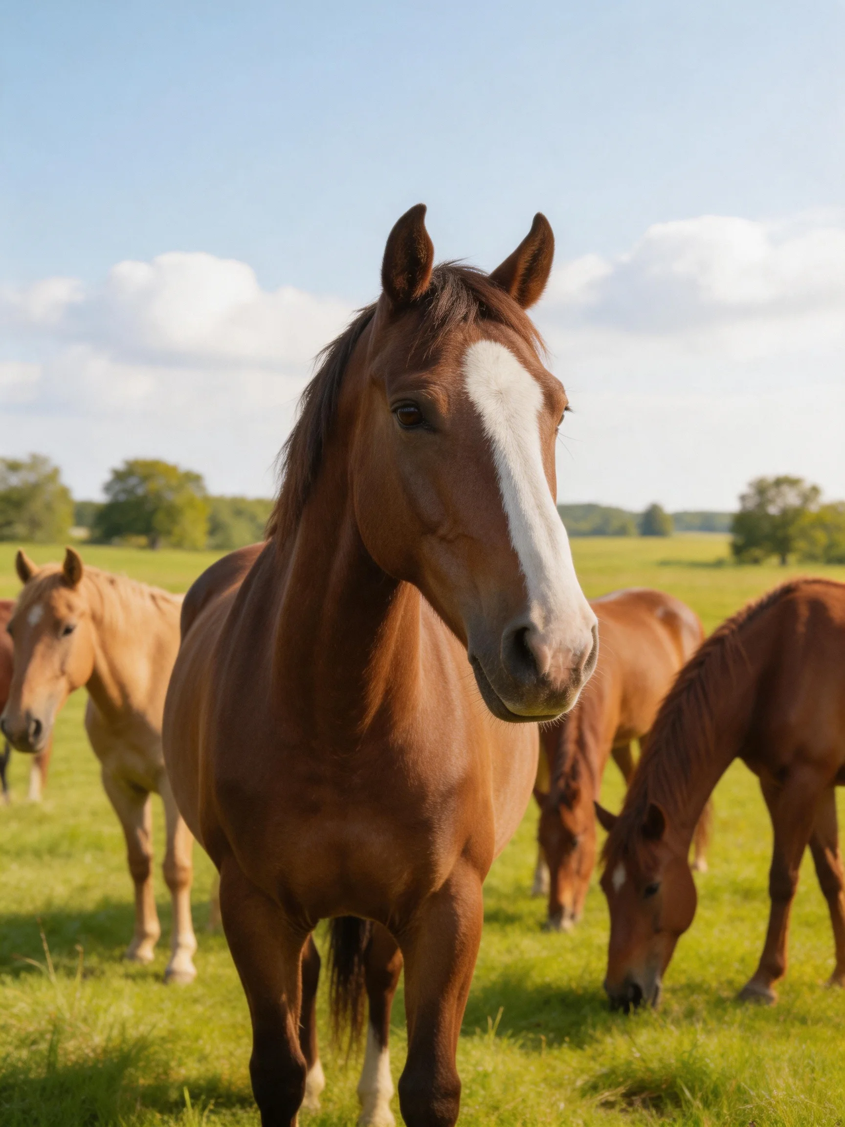 Multiple brown horses graze in a sunlit green pasture
