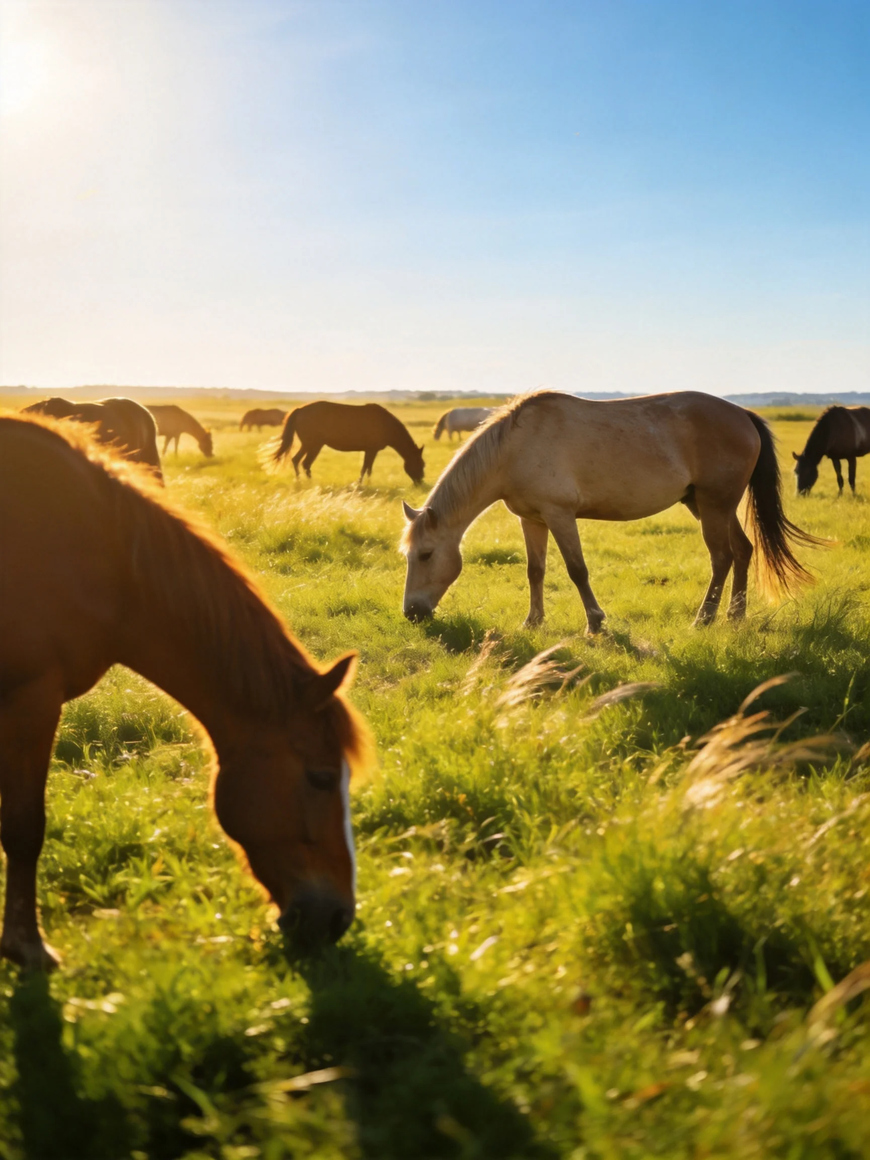 Horses graze peacefully in a sunlit meadow.