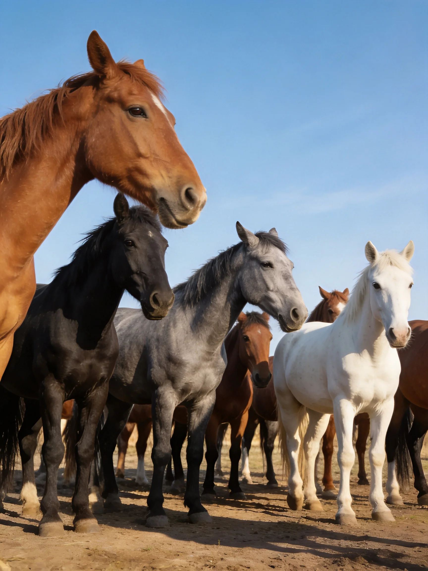 Several horses of diverse colors gather in an open field