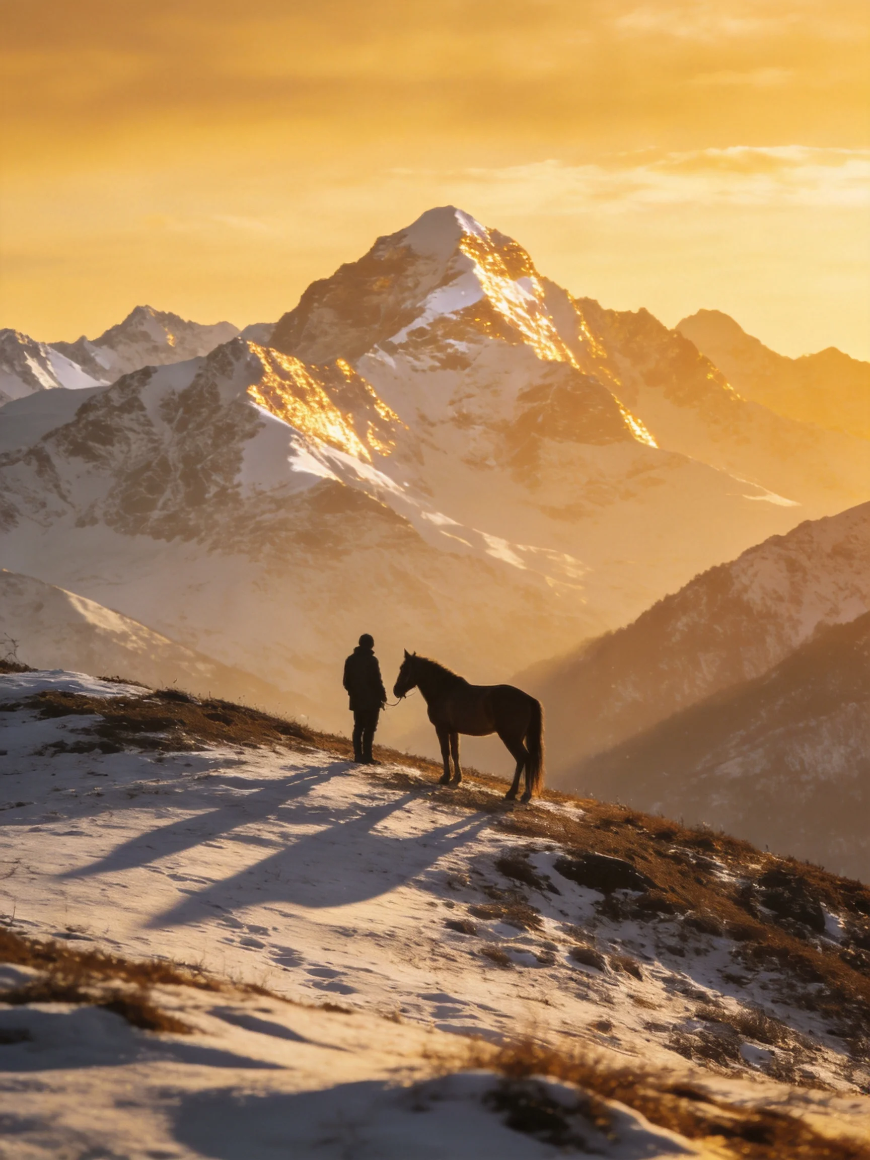 Silhouetted figure and horse on snowy mountain slope at golden hour
