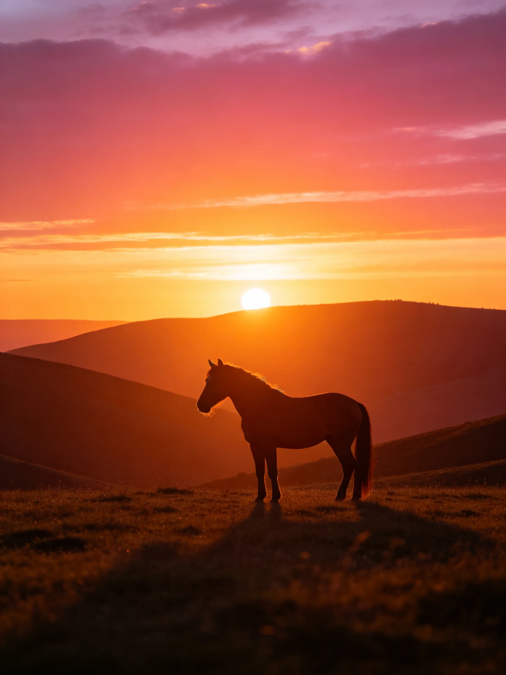 Silhouetted horse on rolling hills during a vibrant sunset