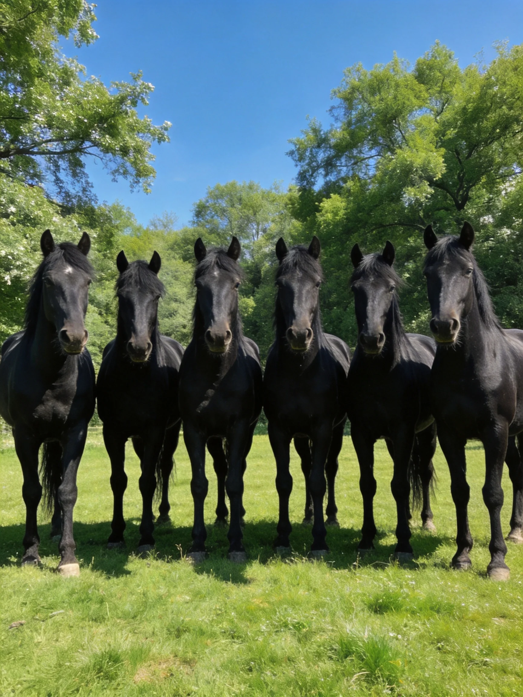 Six black horses gathered in a sunny green meadow