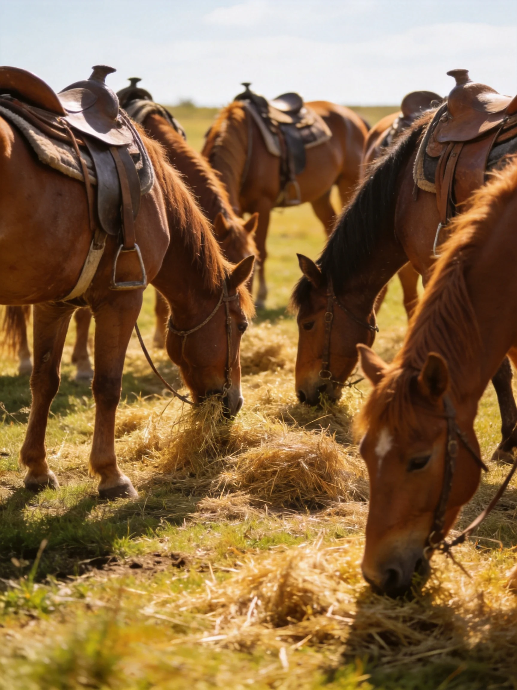 Six brown saddled horses graze on golden hay in an open field