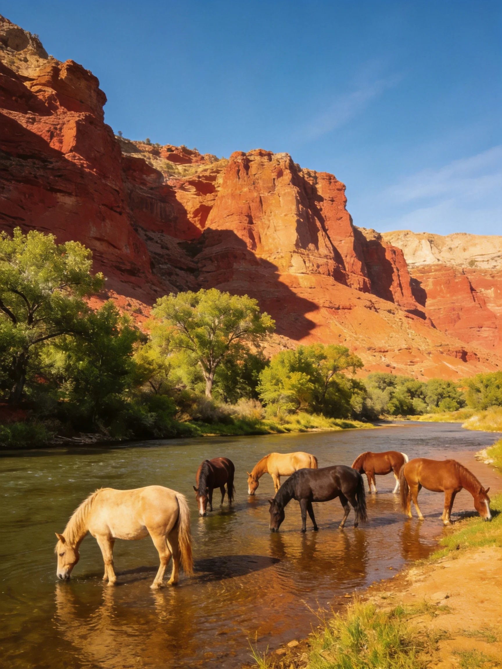 Six horses drink from a river near red rock formations