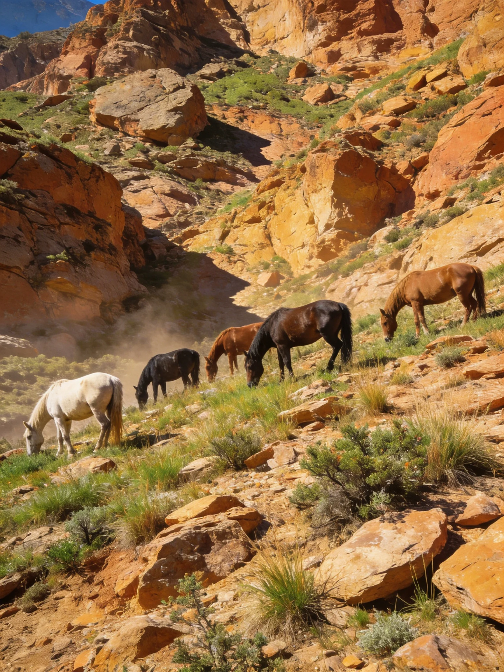 Six horses graze among vibrant orange rocky cliffs
