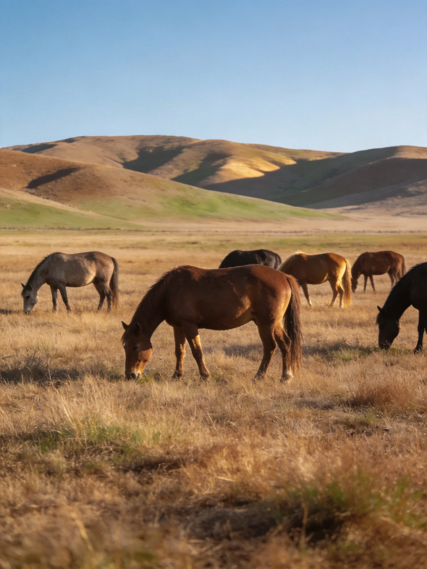 Horses graze in a golden field with rolling hills in the background.