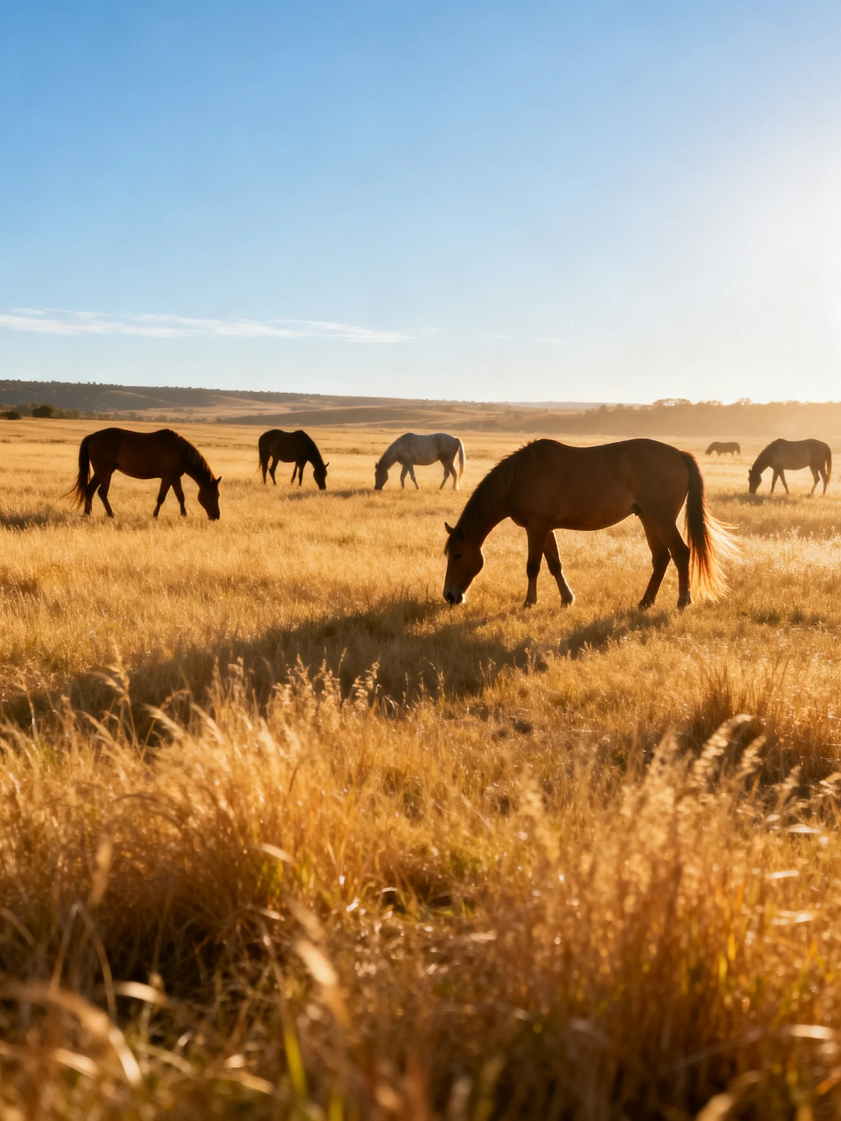Six horses graze in a golden sunlit open field