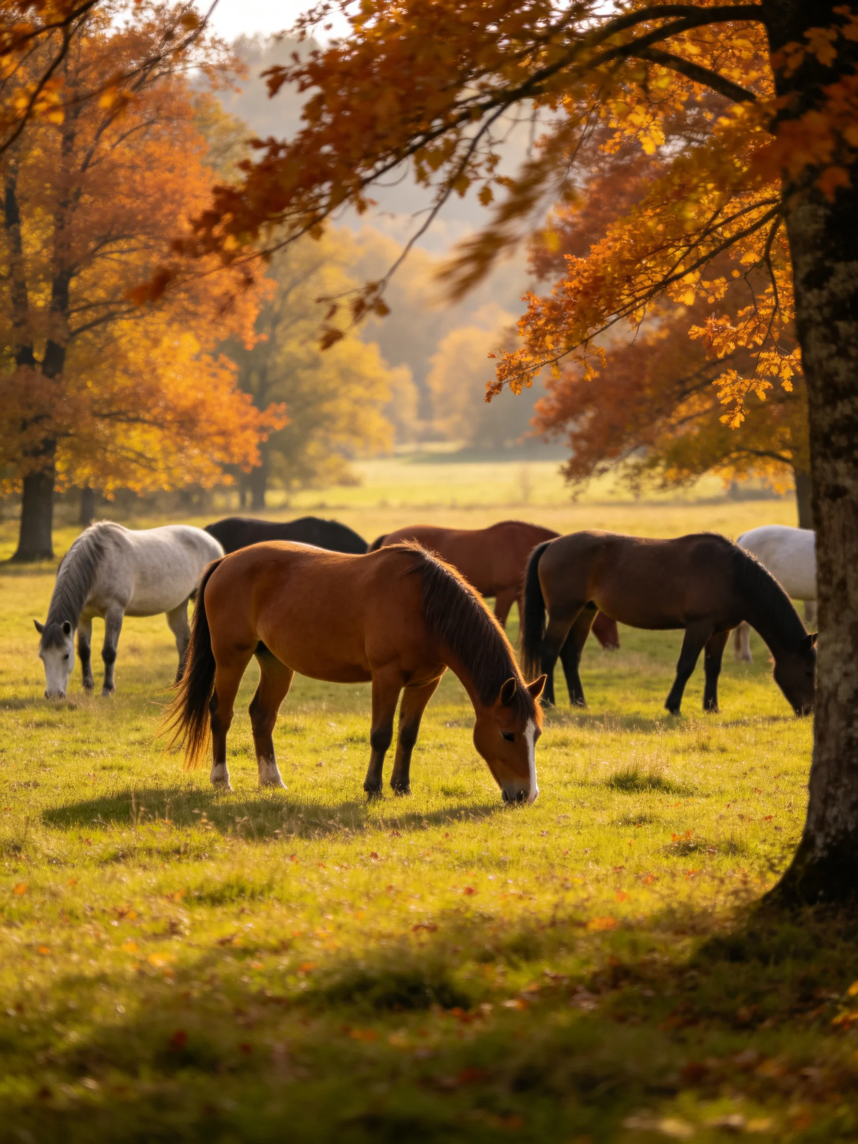 Six horses graze in a sunlit autumn meadow with golden foliage