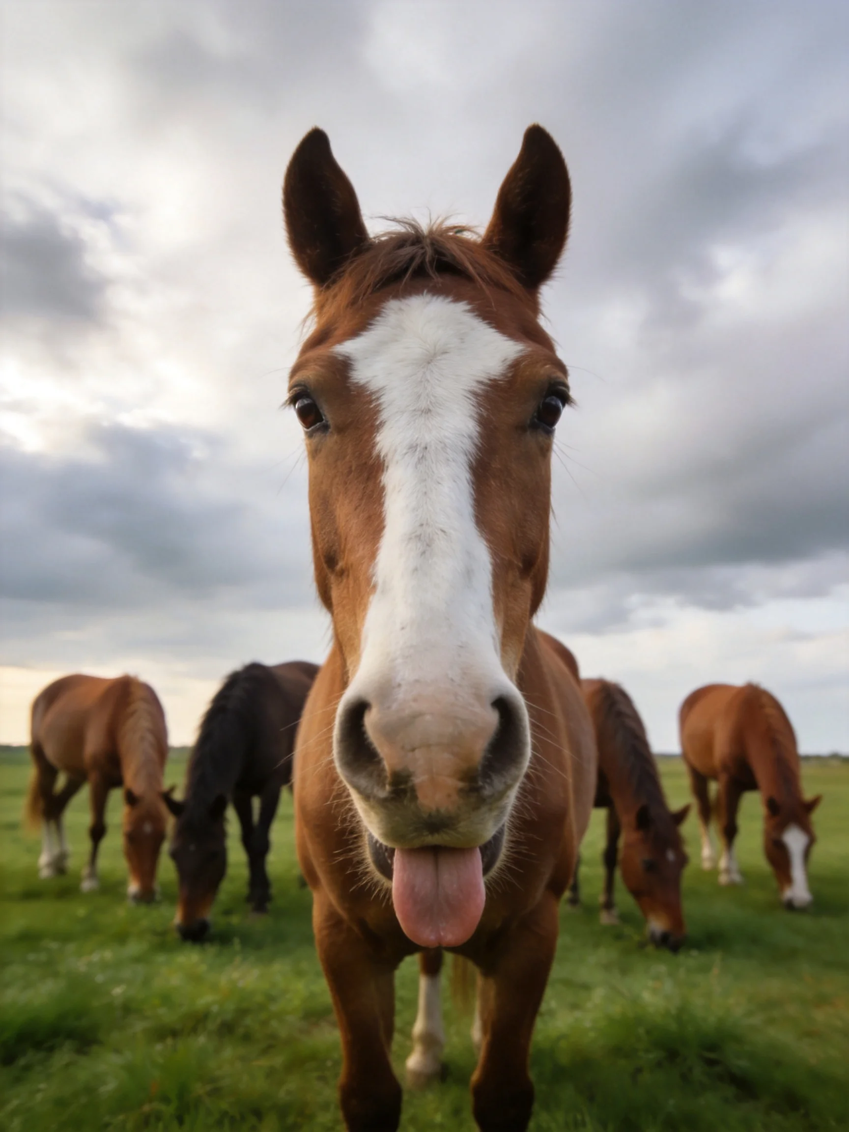 Six horses graze in a verdant meadow beneath cloudy skies