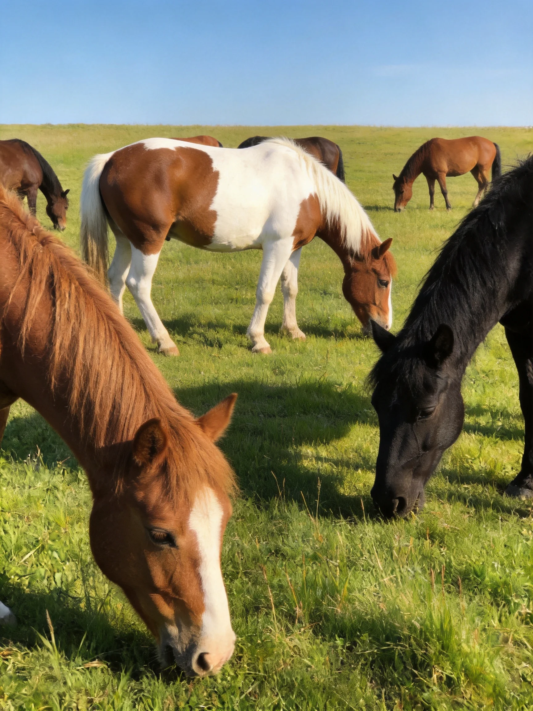 Six horses graze in a vibrant green meadow with colorful coats