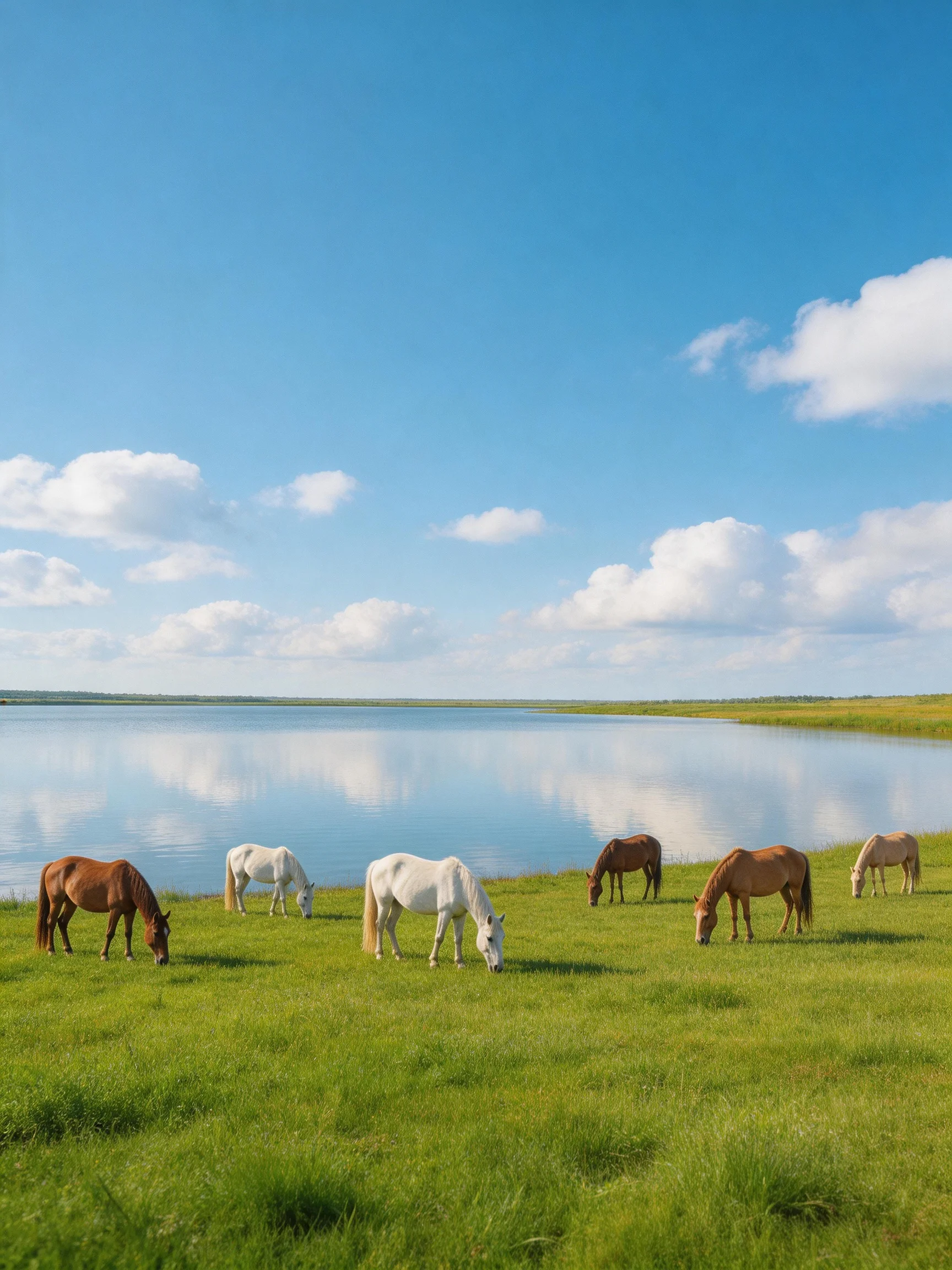Six horses graze near a calm lake under bright blue skies
