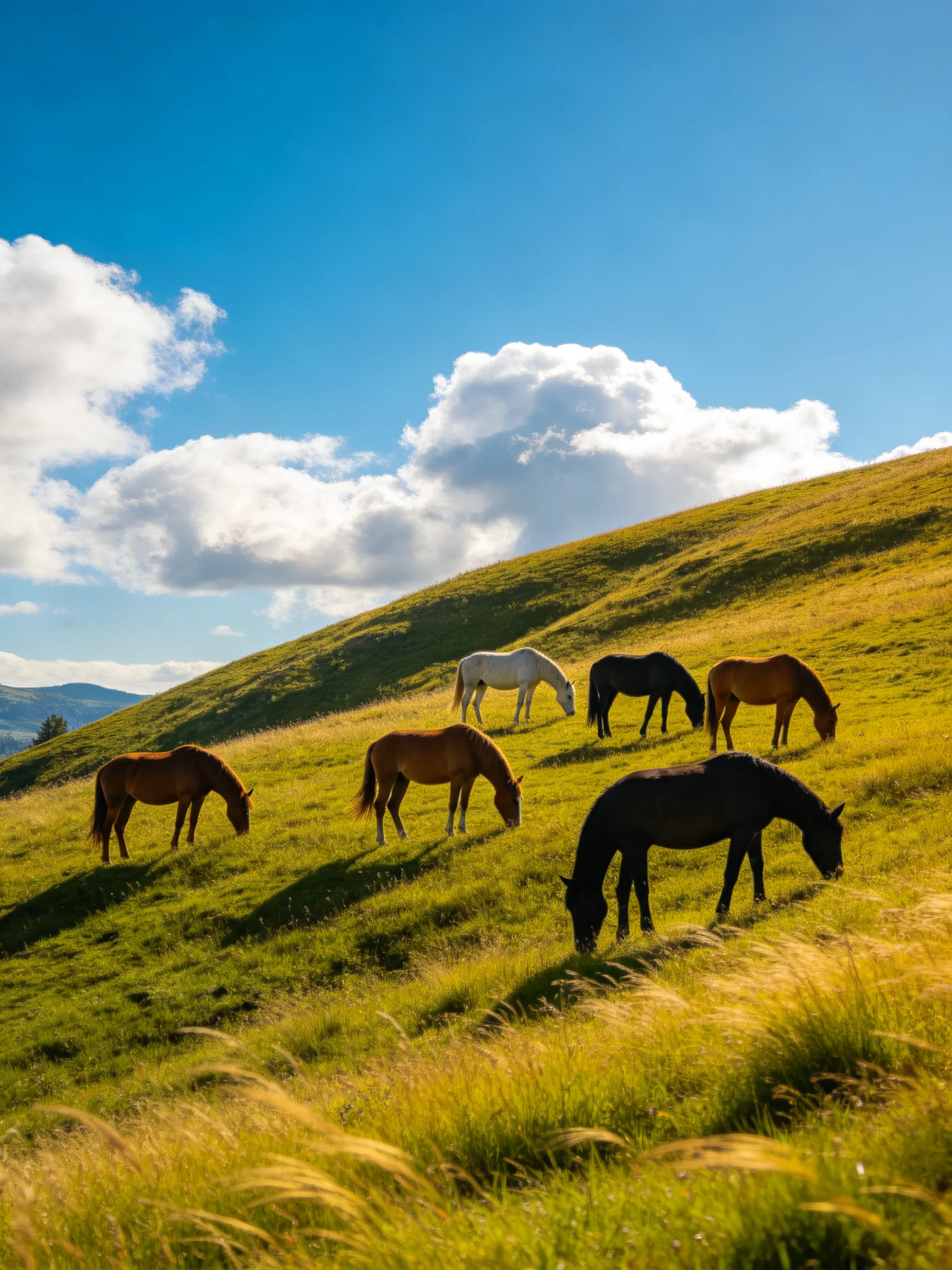Six horses graze on a golden-hued hillside beneath bright blue skies