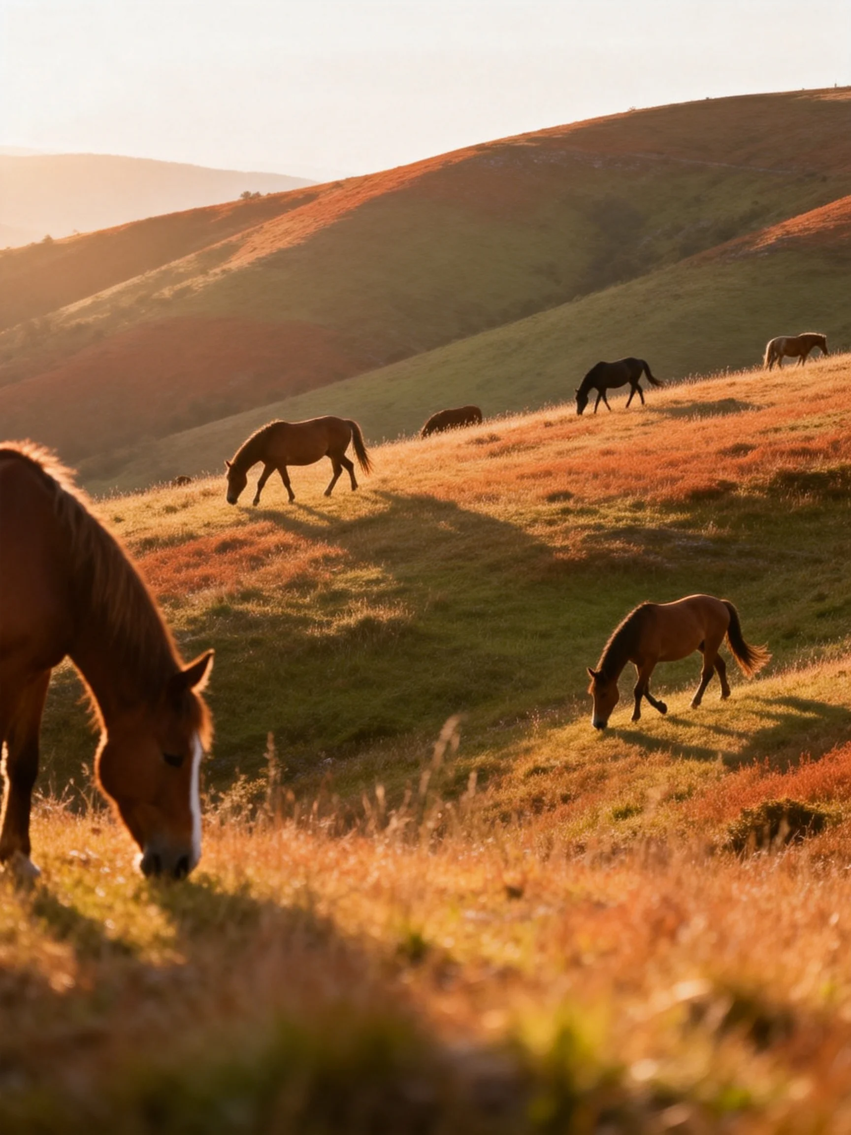 Six horses graze on golden-hued rolling hills under soft sunlight