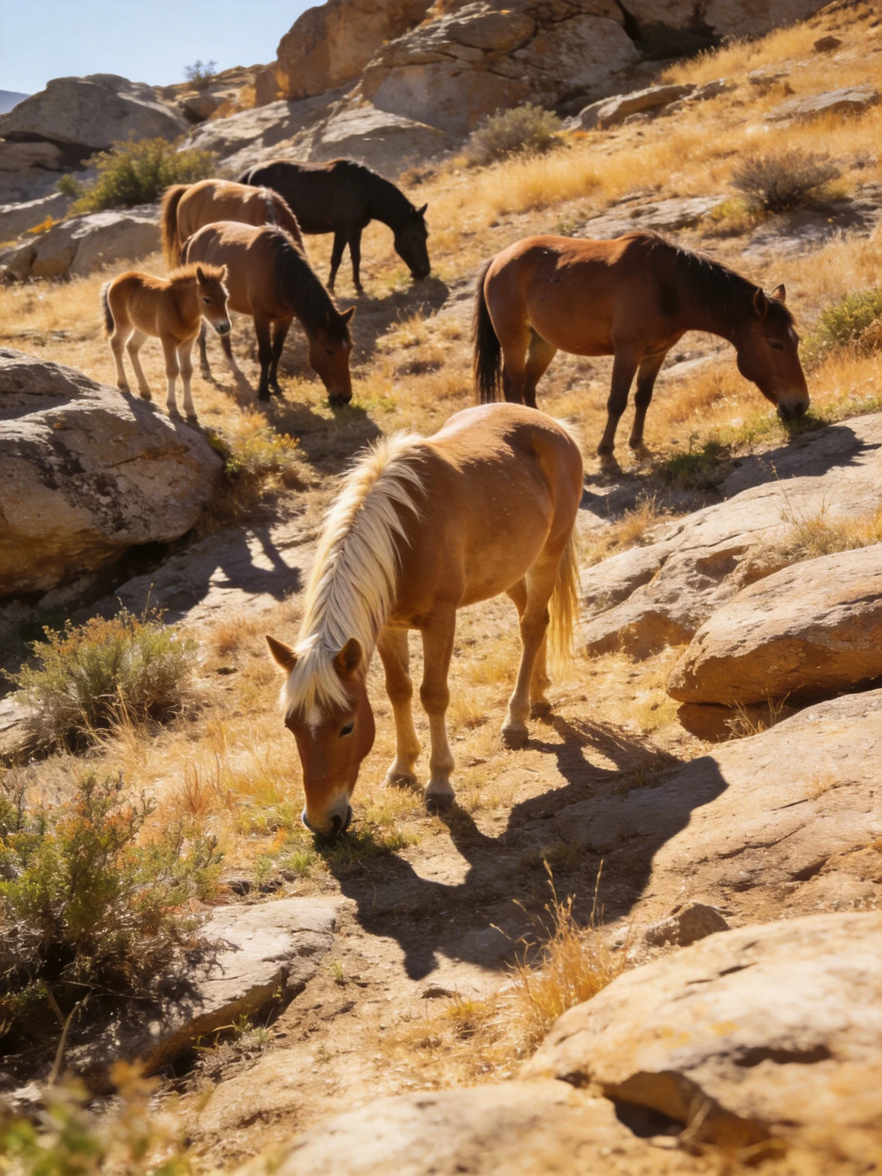 Six horses graze on rocky terrain with diverse coat colors.